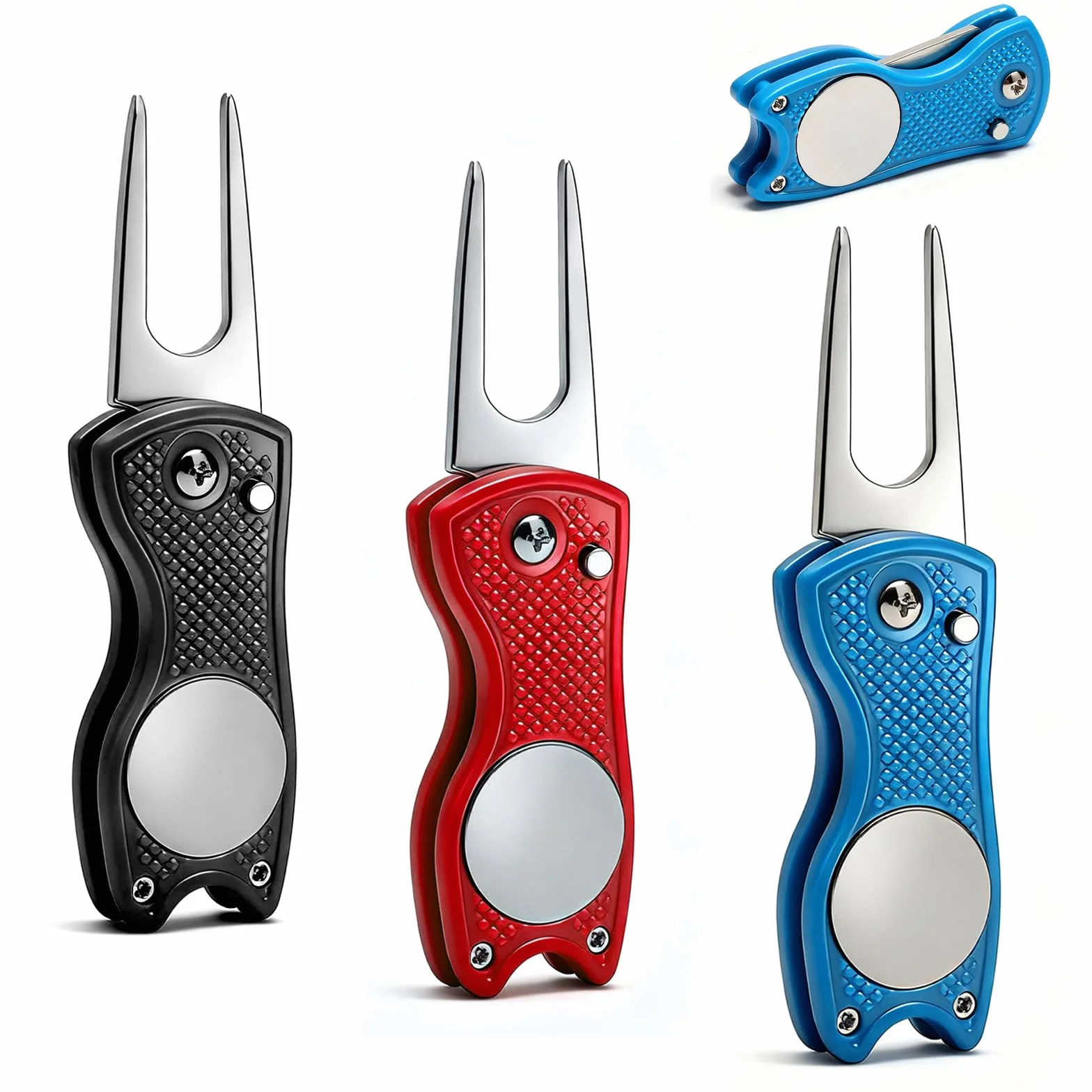 VOSSOT Set de 3 Herramientas Repara Divot Golf Plegables, Accesorios Golf Acero Inoxidable