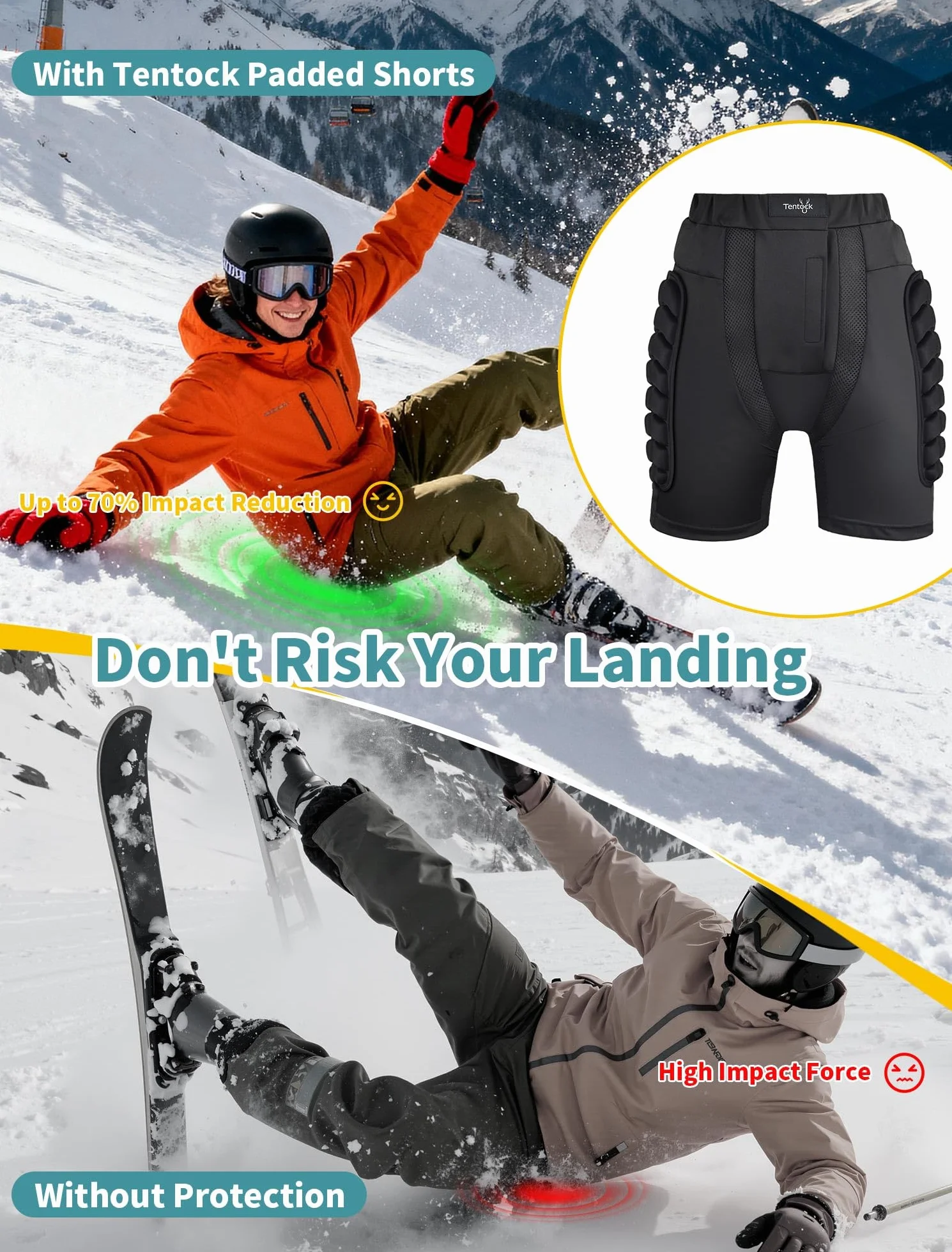 Tentock Adultos Pantalones Cortos de Compresión con Protectores Acolchados 3D para Esquí Patinaje