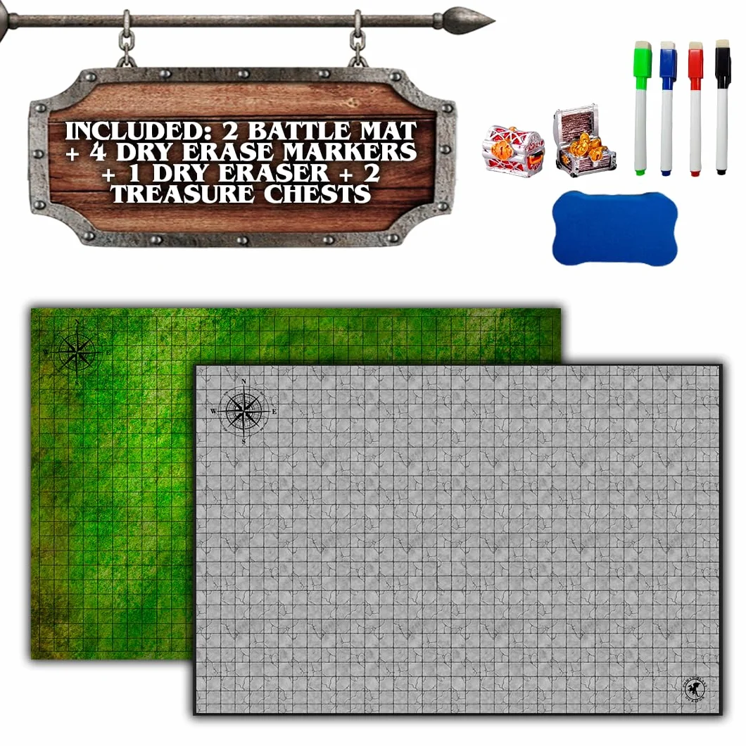 Dungeon 2X Grid Game Mat + Rotuladores y Borrador + Cofres, Mapa Juego rol, D&D, Dragones y Mazmorras, Tablero rol y Juegos de Mesa, Dungeons and Dragons, DND, RPG, Dungeon Master.