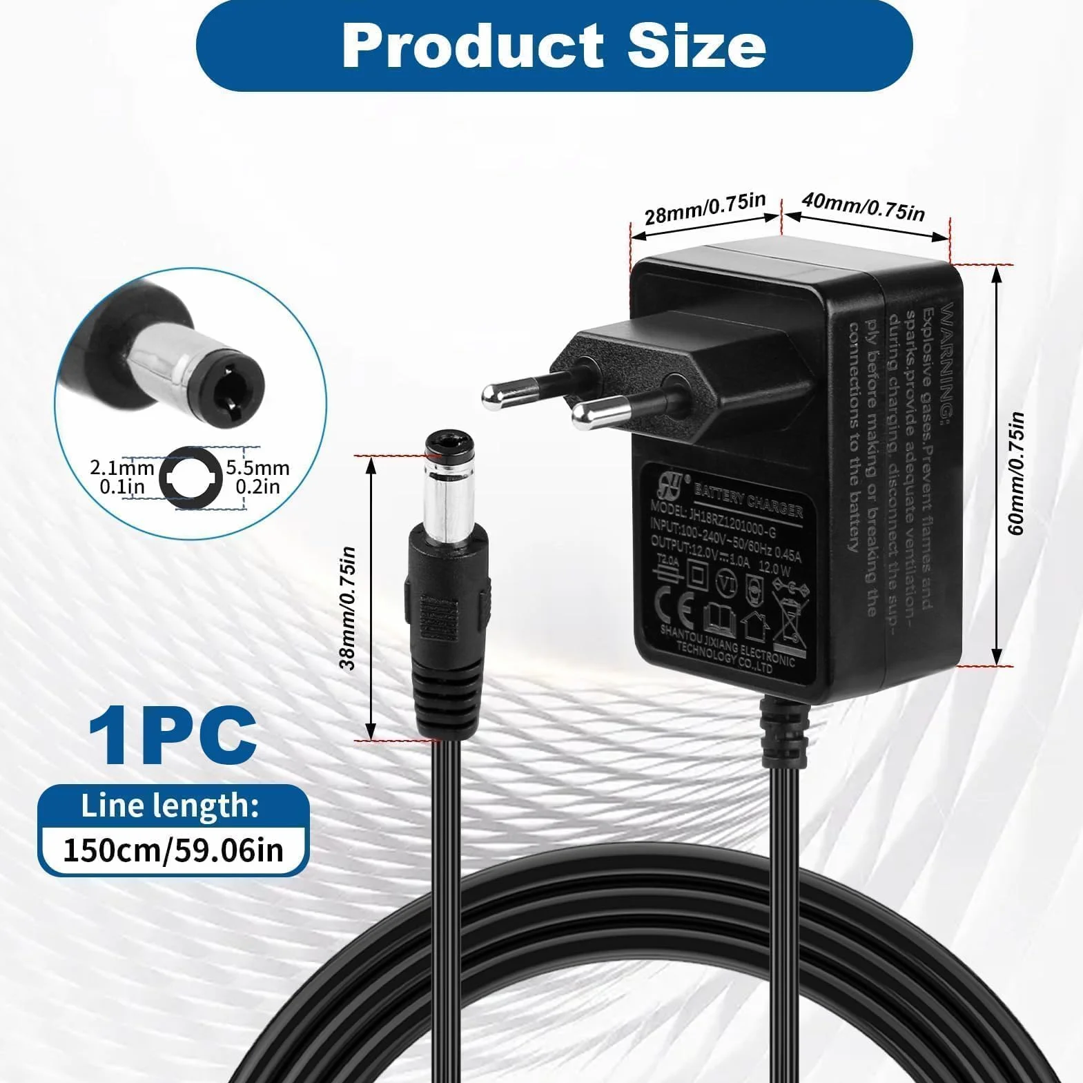 12V 1A Cargador para Coches Eléctricos Niños, Adaptador de Corriente con Enchufe EU para Moto, SUV, ATV, Quad, Tractor y Otros Vehículos Eléctricos Infantiles de 12V 1000mA