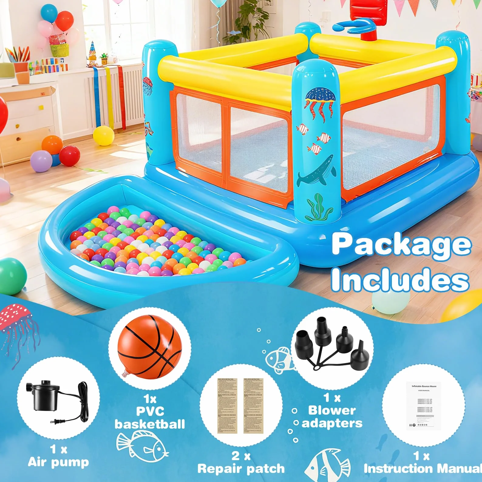 Castillo Hinchable para niños de 3 a 6 años, pequeña casa de Juegos Hinchable de PVC con cojín para Saltar, Piscina de Bolas extraíble, Canasta de Baloncesto y Juego de Saltar, Incluye Bomba de Aire