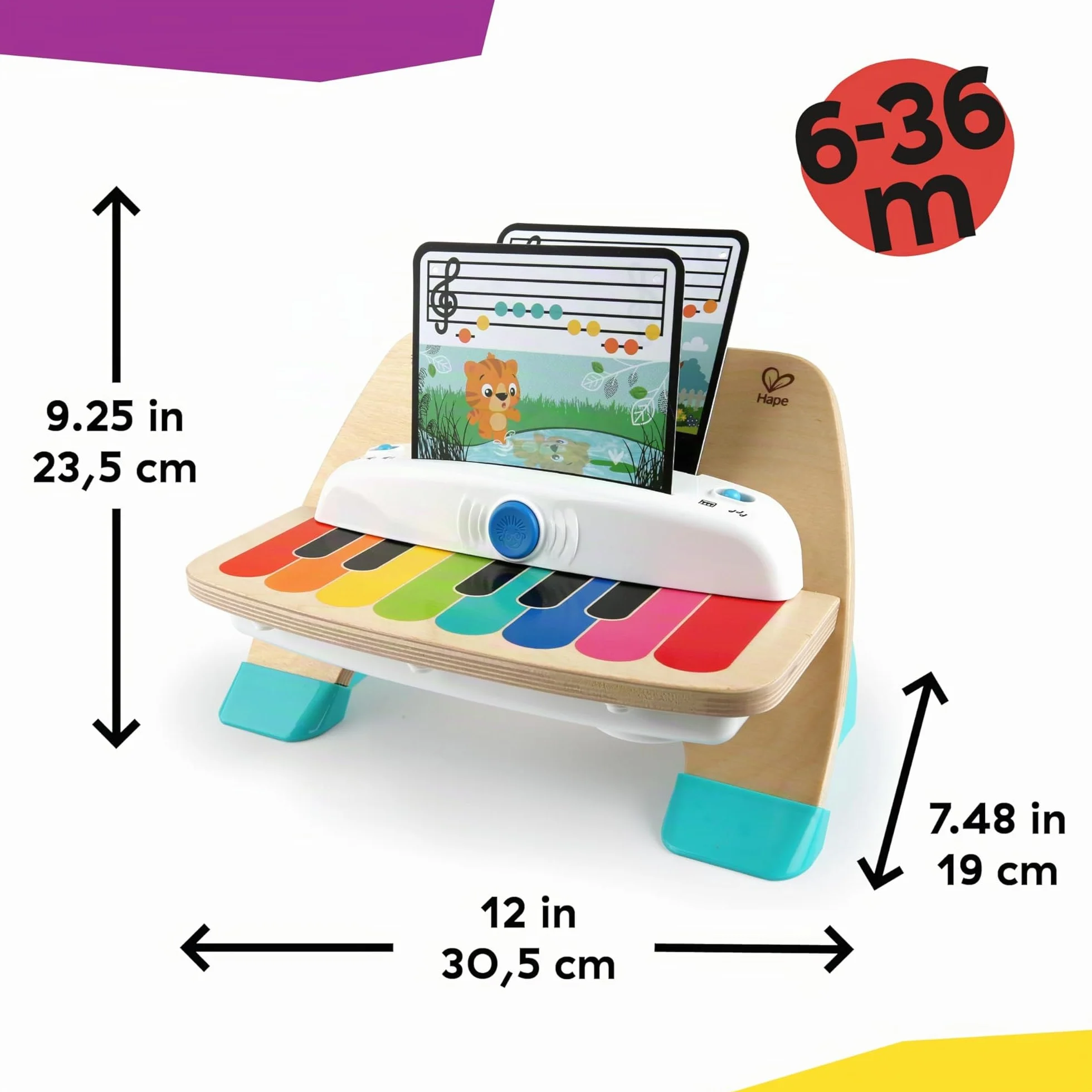 Baby Einstein, Hape, Piano Magic Touch, Juguete Musical de Madera, Incluye 3 partituras y 6 Canciones, Volumen Ajustable, a Partir de 6 Meses, Be Piano, 1 Unidad (Paquete de 1)