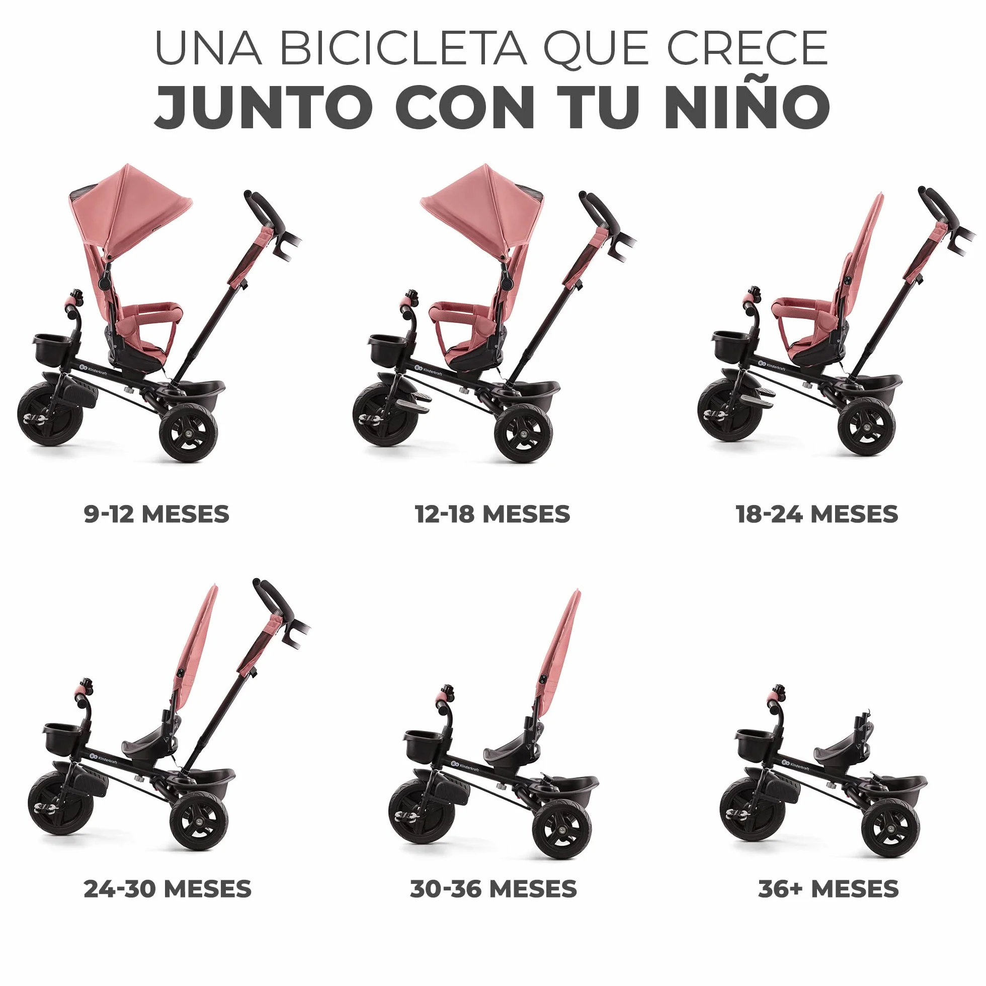Kinderkraft Aveo Bebé, Plegable, Trike, Bicicleta para Niños, Triciclo Evolutivo, Sin Pedales, Bicicleta Bebe, con Accesorios Práctico, Dos Cestas, 9 Meses a 25 kg, Rosa
