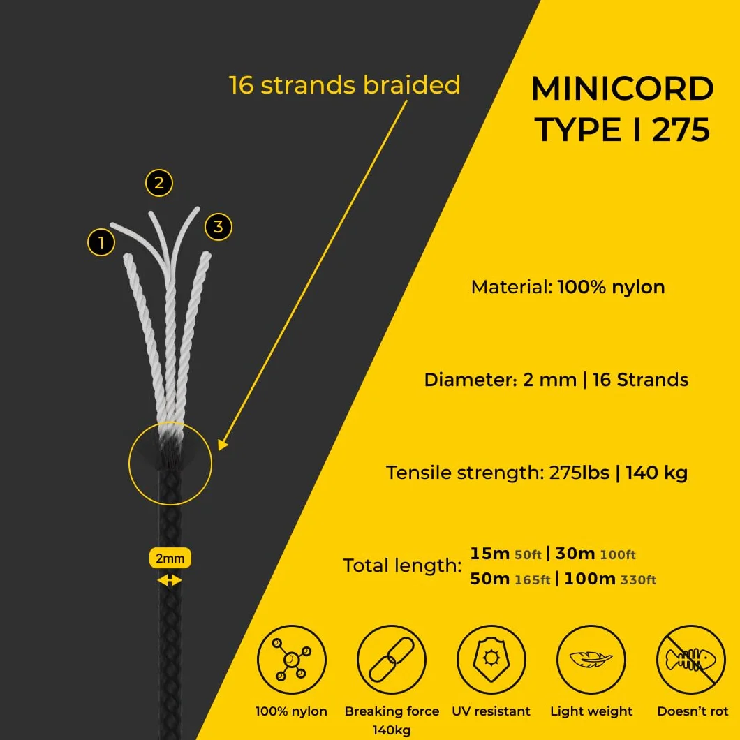 Cuerda de Nailon Paracord 275 de 2 mm, 100% Nailon, 3 Hebbras, 50 y 100 m