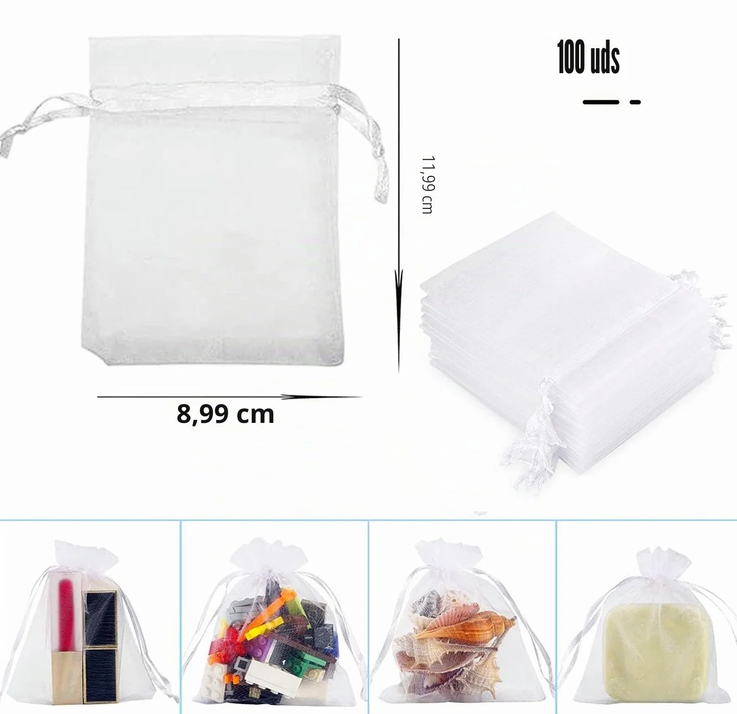 100 bolsas de organza blancas de 9 x 12 cm, bolsas de regalo, joyas para bodas, fiestas, festivales, fiestas y bodas, cordón de satén