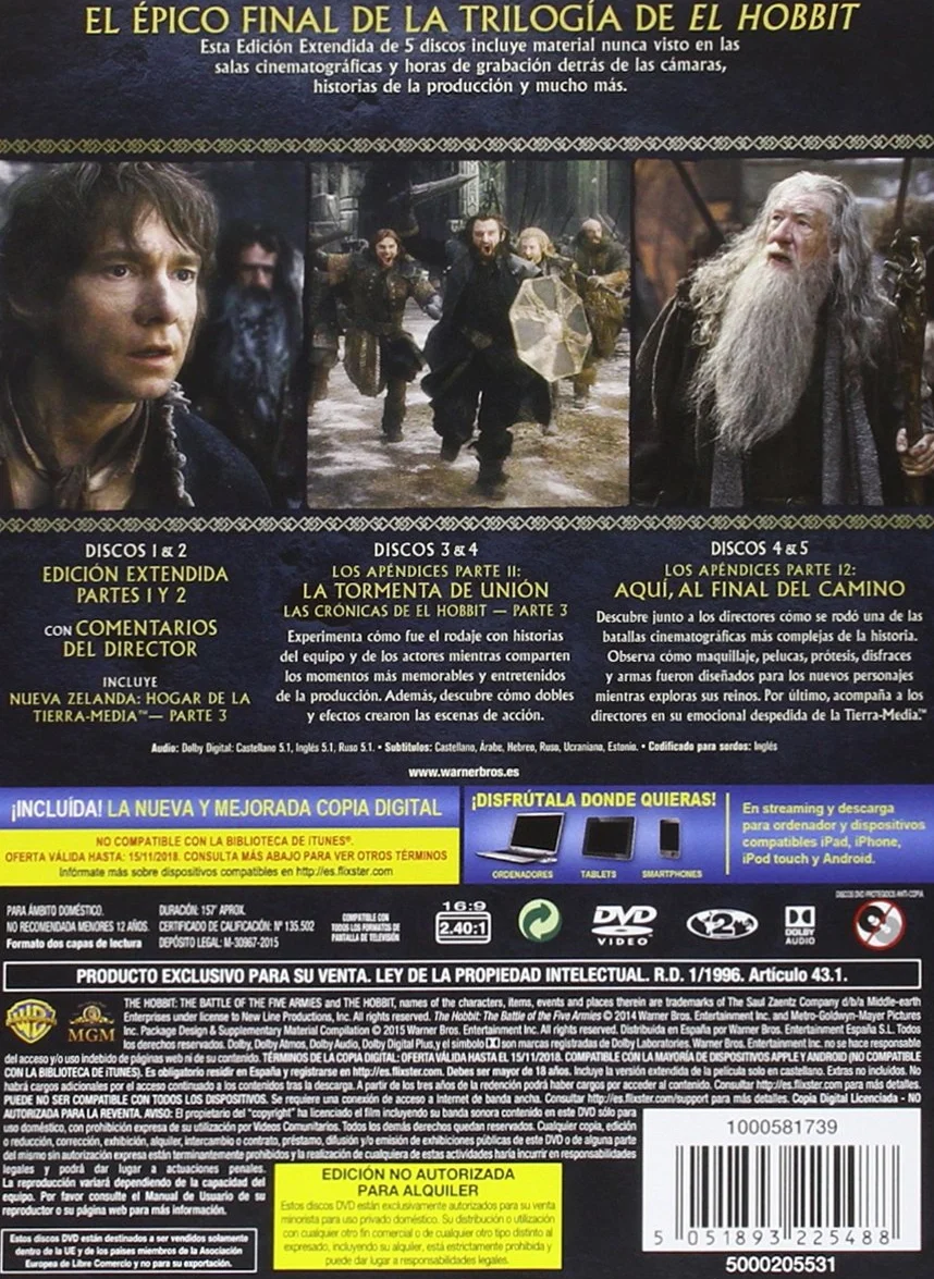 El Hobbit 3: La Batalla De Los Cinco Ejercitos Edición Extendida [DVD]