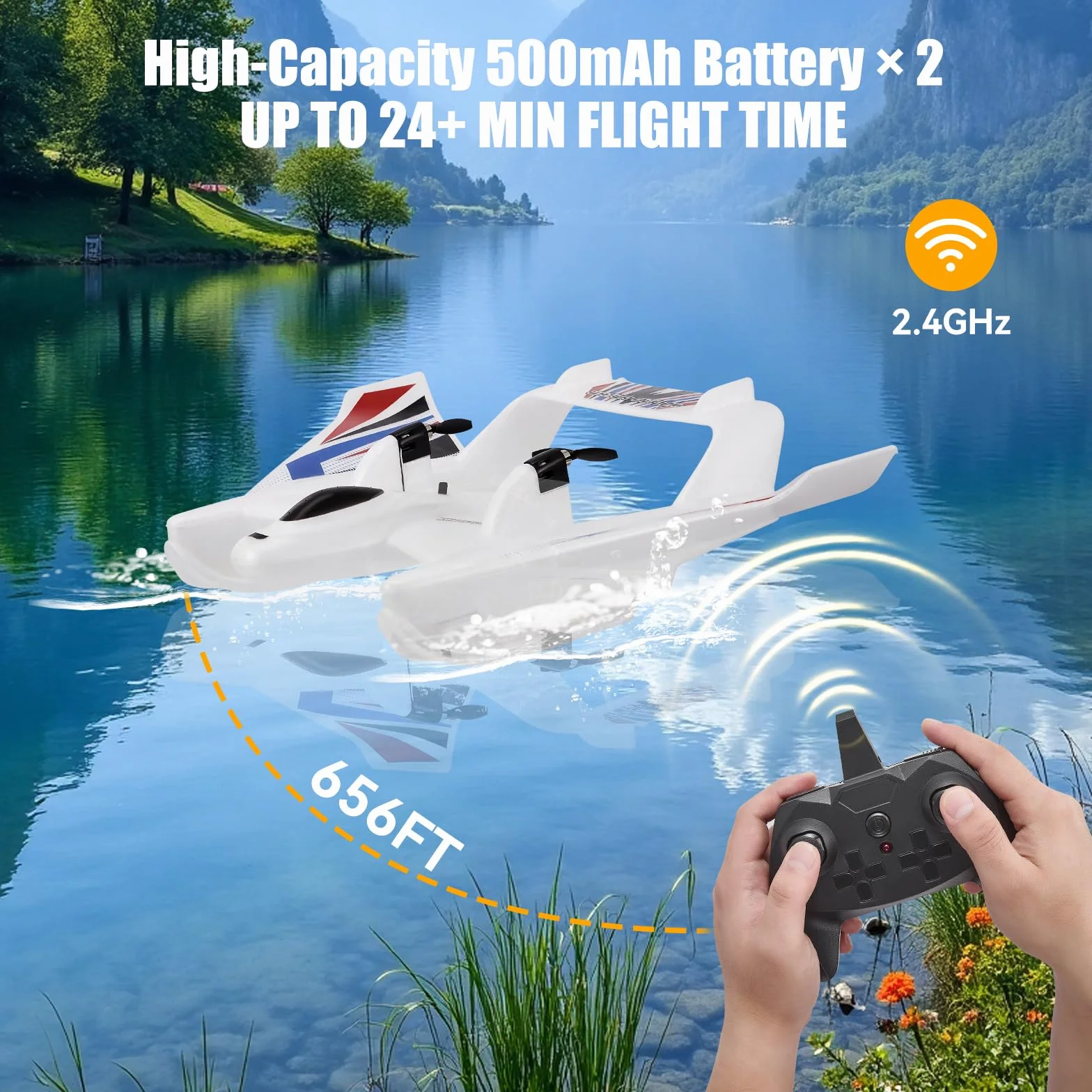 Avión RC Anfibio 3 en 1, 2.4GHz 3CH, para Tierra, Agua y Aire, con 2 Baterías, Material EPP, Blanco