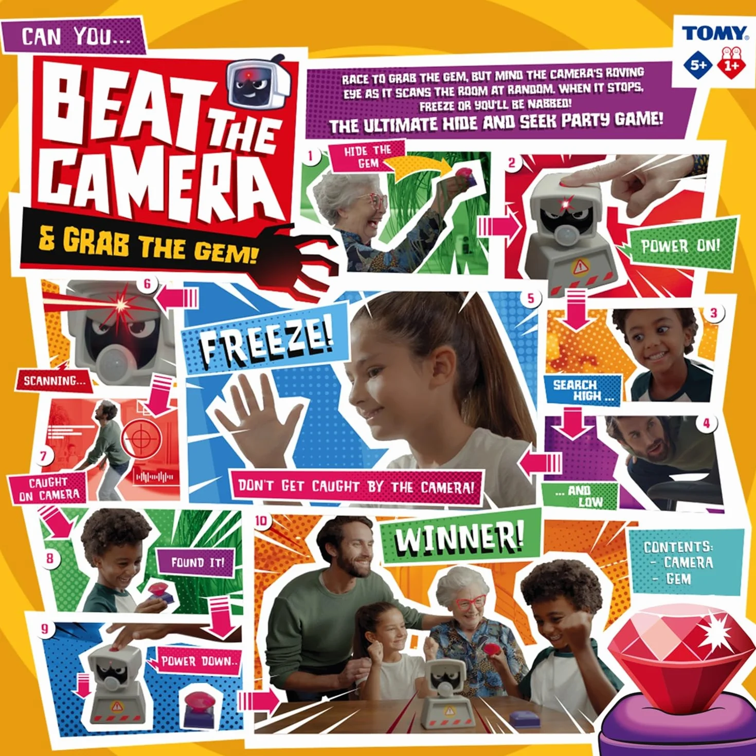 TOMY Games Beat the Camera - Pasa la seguridad, roba gemas, deshabilita la alarma - Fiesta de búsqueda del tesoro y juegos familiares de interior - para niños mayores de 3 años - Regalos de cumpleaños