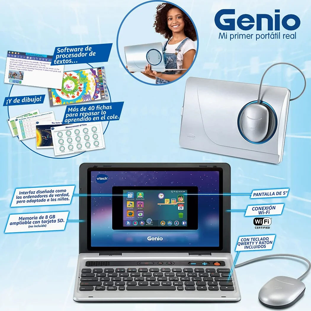 VTech - Genio mi Primer portátil, Ordenador Infantil para niños +5 años, Juguete Educativo, Seguro, más de 50 ebooks y Juegos interactivos, versión ESP
