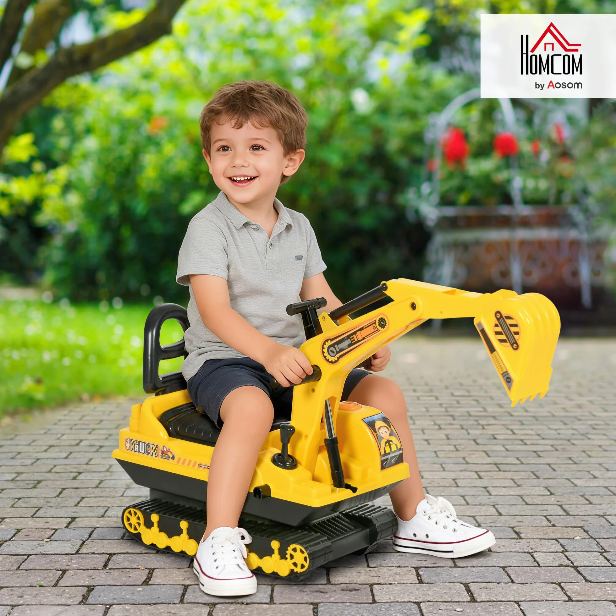 HOMCOM Excavadora sin Pedales para Niños de 18-48 Meses Excavadora Correpasillos Camión de Construcción con Asiento de Almacenamiento Pala Delantera y Bocina Carga 30 kg 78x24x58,5 cm Amarillo