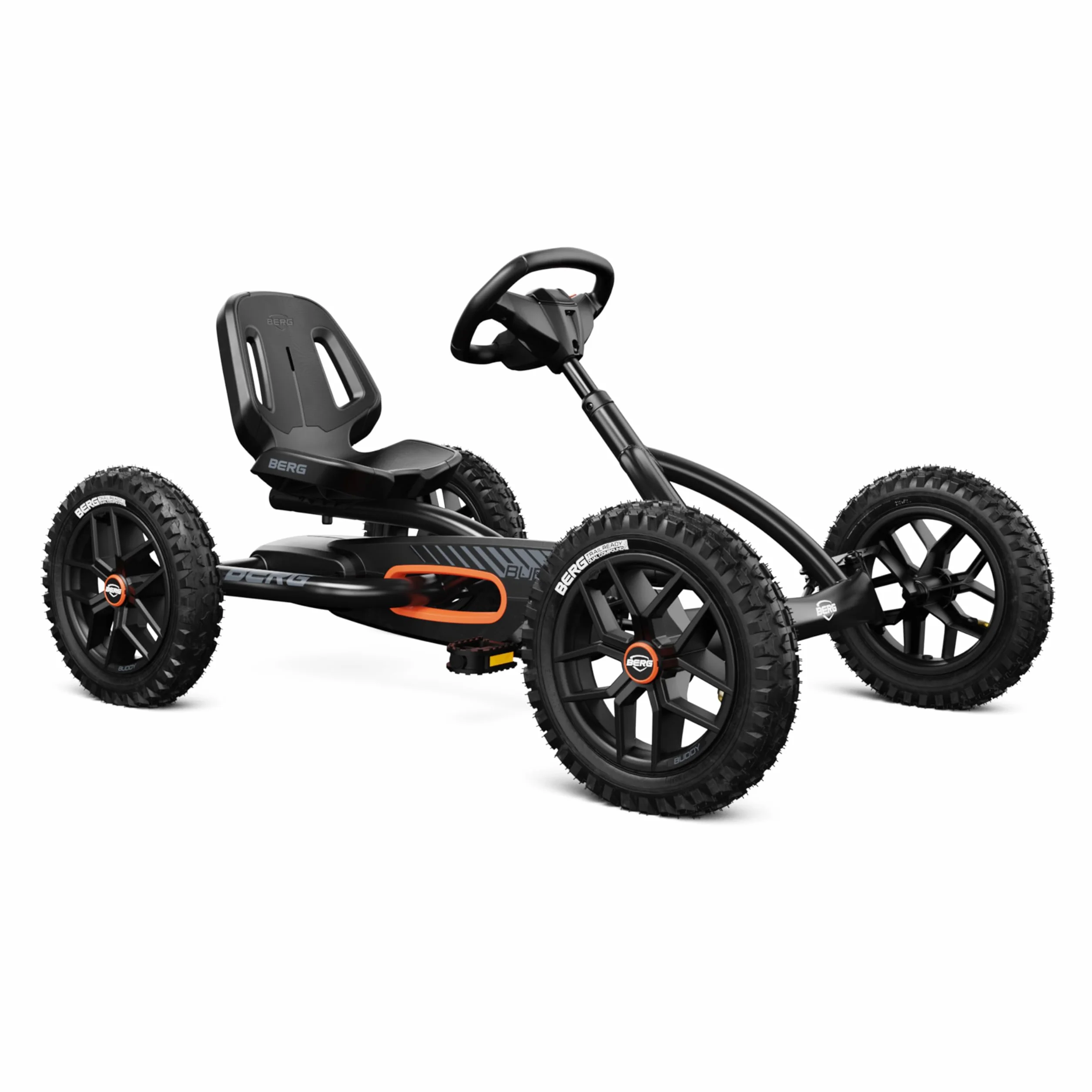 BERG Kart a Pedales Buddy Cross | Negro, 3-8 años, cuadro resistente, asiento regulable, volante regulable