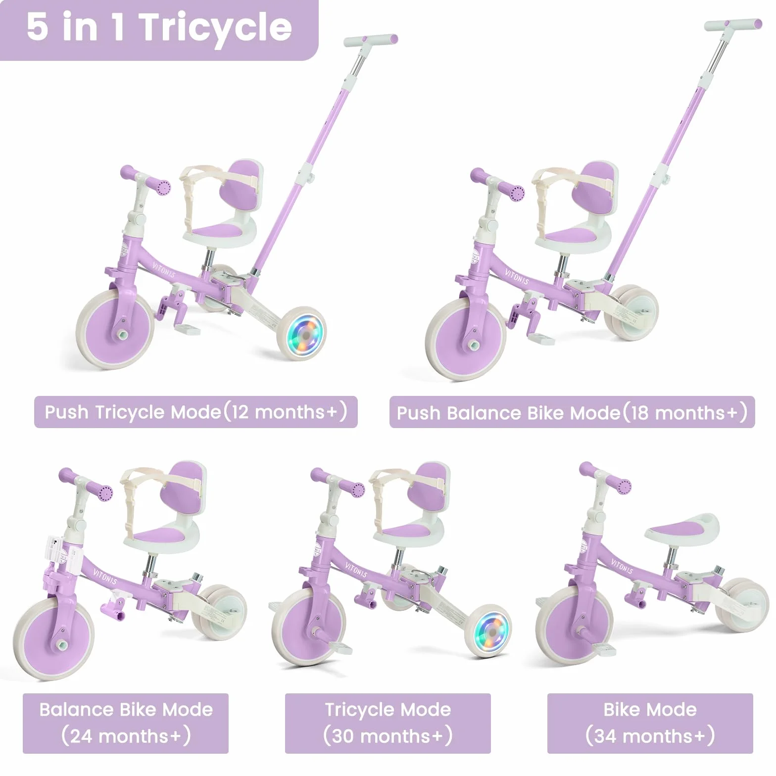 VITONIS Triciclo Infantil 5 en 1 para niños de 18 Meses a 5 años, con Ruedas Luminosas, Barra de Empuje, Respaldo y cinturón de Seguridad, Regalo para niños y niñas, Bicicleta sin Pedales, Morado