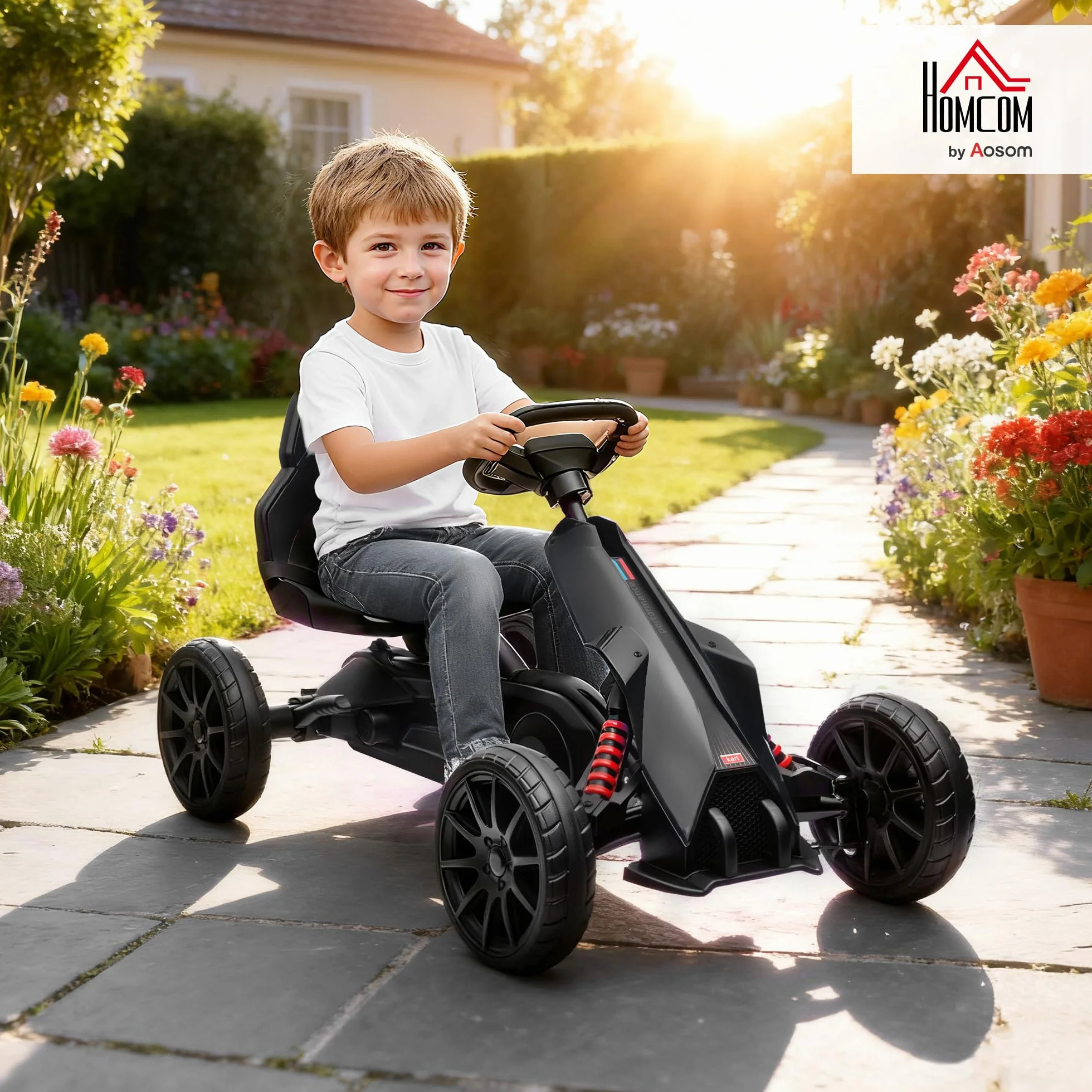 HOMCOM Kart Pedales Go Kart a Pedales para Niños de 3-8 Años con Asiento Ajustable en 4 Posiciones Freno de Mano Ruedas de EVA y Marco Metálico Carga 30 kg Negro
