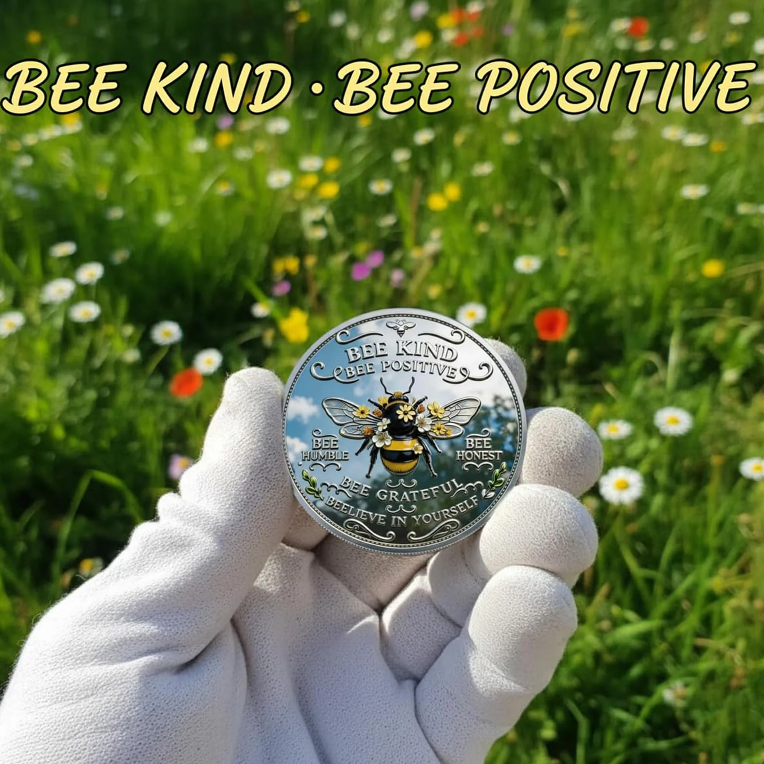 Moneda de positividad tipo abeja, ficha de abeja inspiradora de doble cara con diseño de girasol y laurel, moneda de desafío motivacional para la afirmación diaria (3pcs)