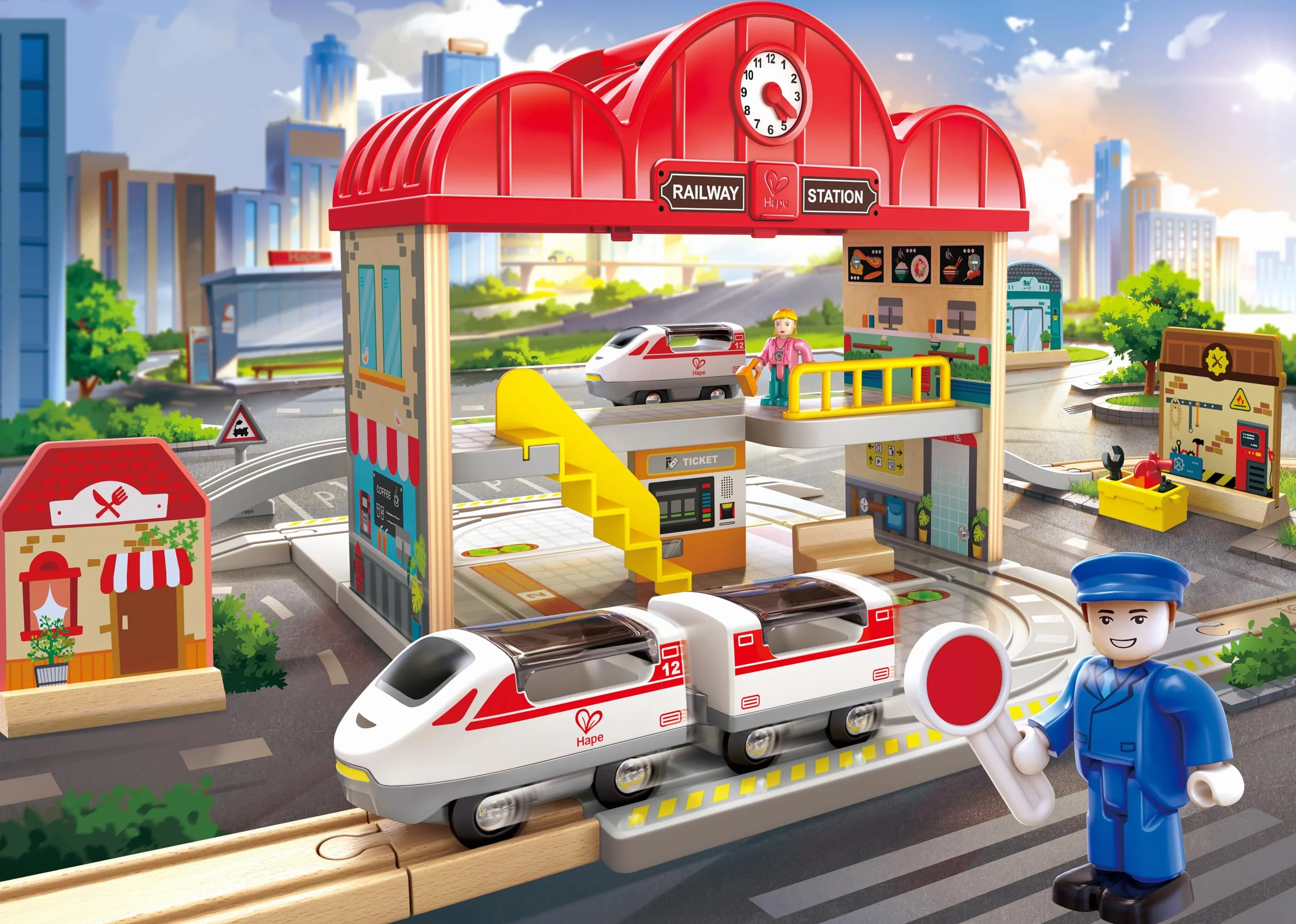 Estación de Tren de Madera portátil de Hape | Juego de Tren para niños | Vías, estación y Personajes | Fácil de Transportar