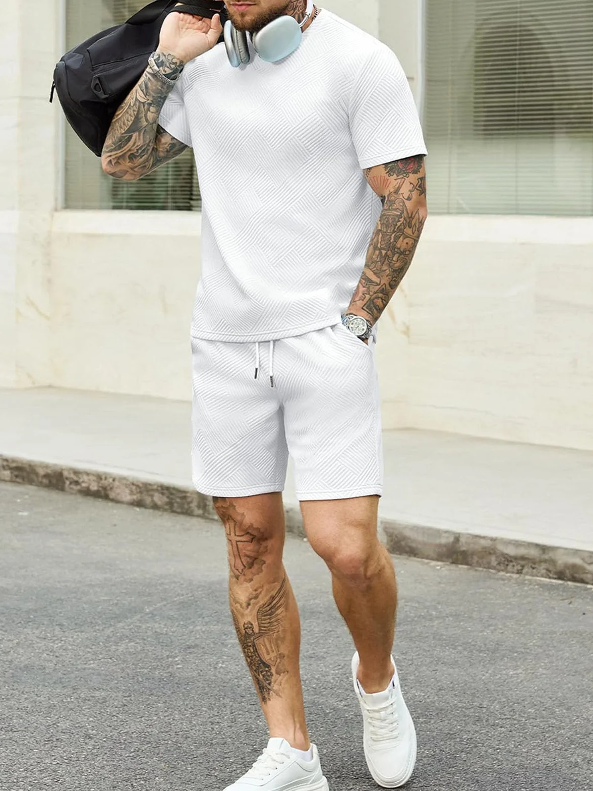 Ropa Verano Hombre 2 Piezas Conjunto de Verano Hombre Jacquard Chándal Manga Corta