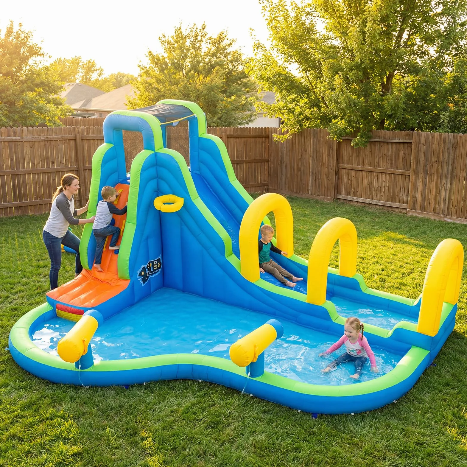 COSTWAY Castillo Hinchable para Niños con Tobogán Acuático, 465 x 345 x 242 Castillo Inflable, Colchoneta Hinchable Niños de 3-12 años (con soplador de 850W)