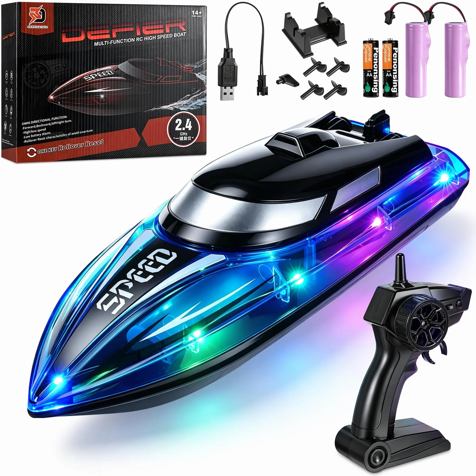 Barco Teledirigido para niños y Adultos, 2.4 GHz Barco de Control Remoto con luz RGB, Barco eléctrico Alta Velocidad 20 km/h Hélices Dobles Autoadrizable lanchas de Carreras para Piscinas Lagos