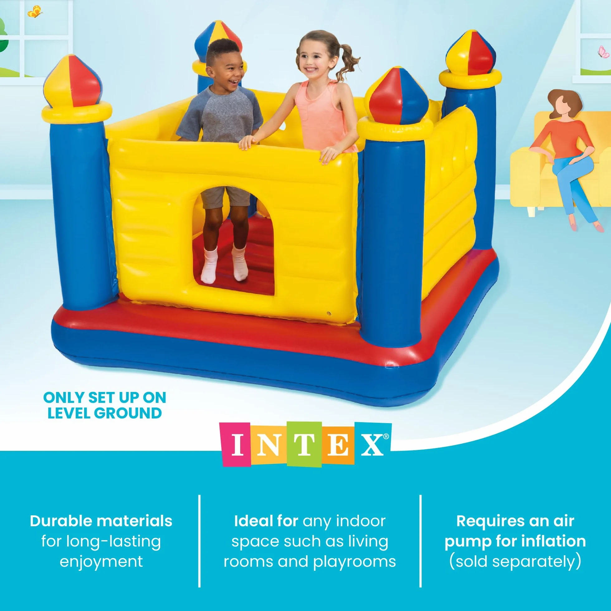 Intex 48259NP - Castillo hinchable INTEX, 175x175x135 cm, suelo hinchable, Para 2 niños, Peso máximo 45 Kg, Color rojo, amarillo y azul, Castillos hinchables infantiles