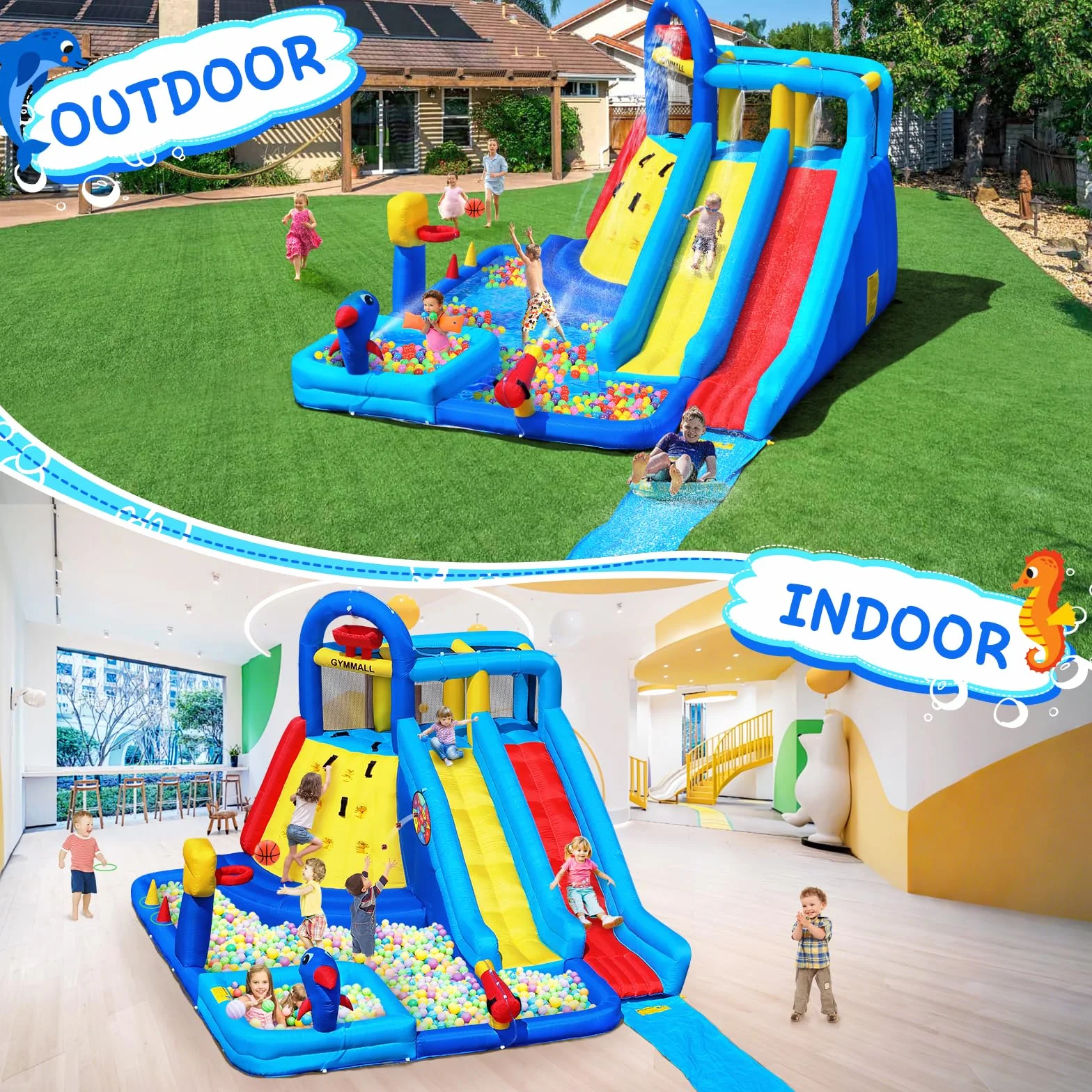 GYMMAL Castillo Hinchable para Niños, Parque Infantil Exterior, con Pared de Escalada y Tobogán Doble - Hinchable para Niños 3-12 Años (4x3,6x2,6m)