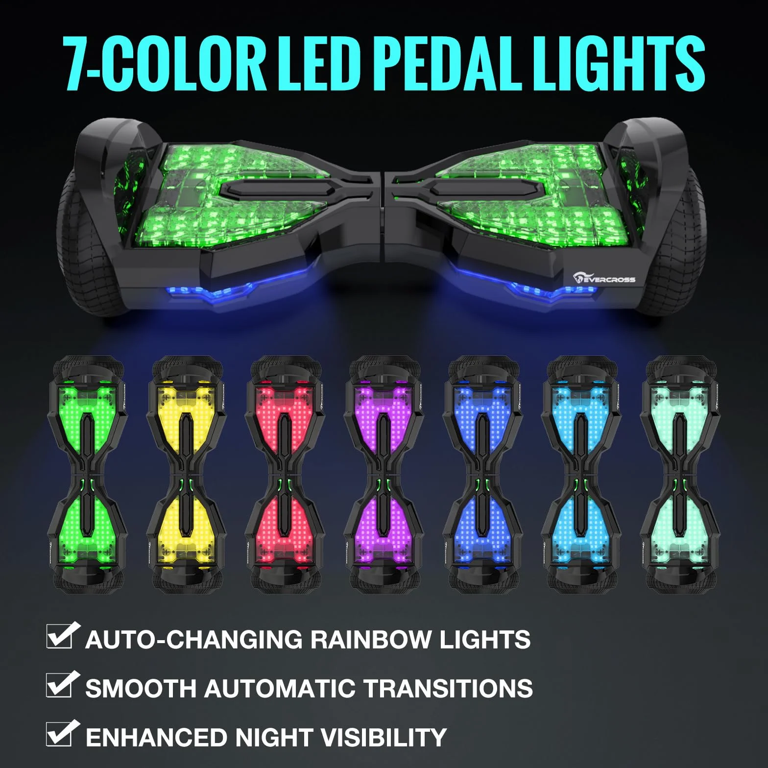 EVERCROSS EV2 Hoverboards con Asiento - 5.2 Ah Batería, 15 km/h, Música Bluetooth, Luces de Pedal de 7 Colores, Carga máxima 85 kg, Hover Board con Hoverkart para Niños, Adolescentes y Adultos Negro