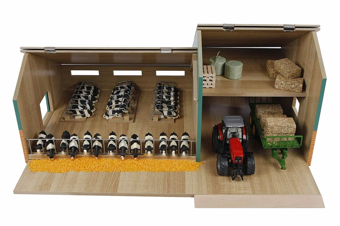 Kids Globe 610200 Wooden Cow Hutch with Warehouse, Hinged Roof, Farm with Scale 1:32, Wooden Farm, Wooden Hutch, Farm Toy