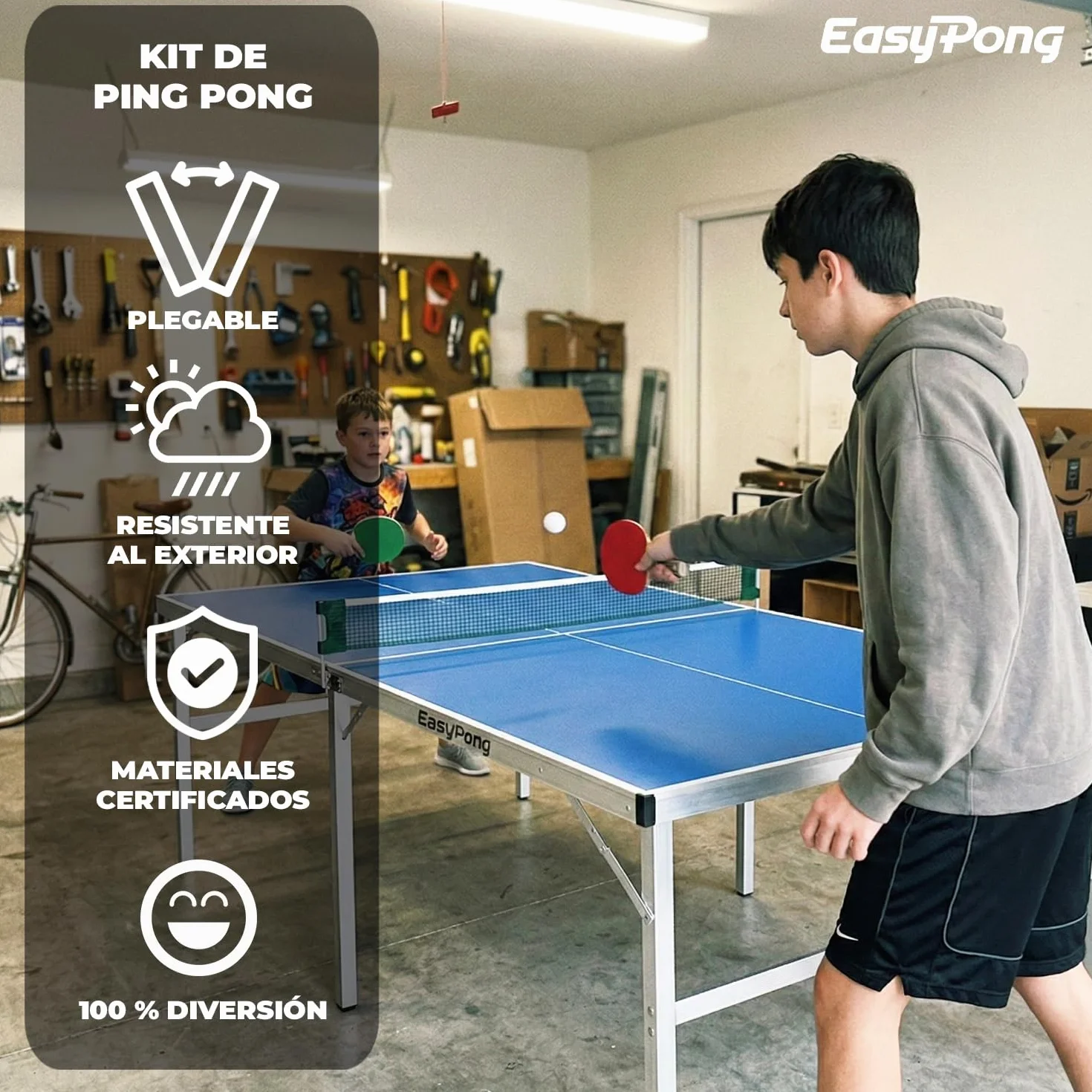 Mesa de Ping Pong Azul Original Cup EasyPong 182x91cm Fácil de Transportar Exterior Interior 2 Raquetas 4 Pelotas Tenis de Mesa