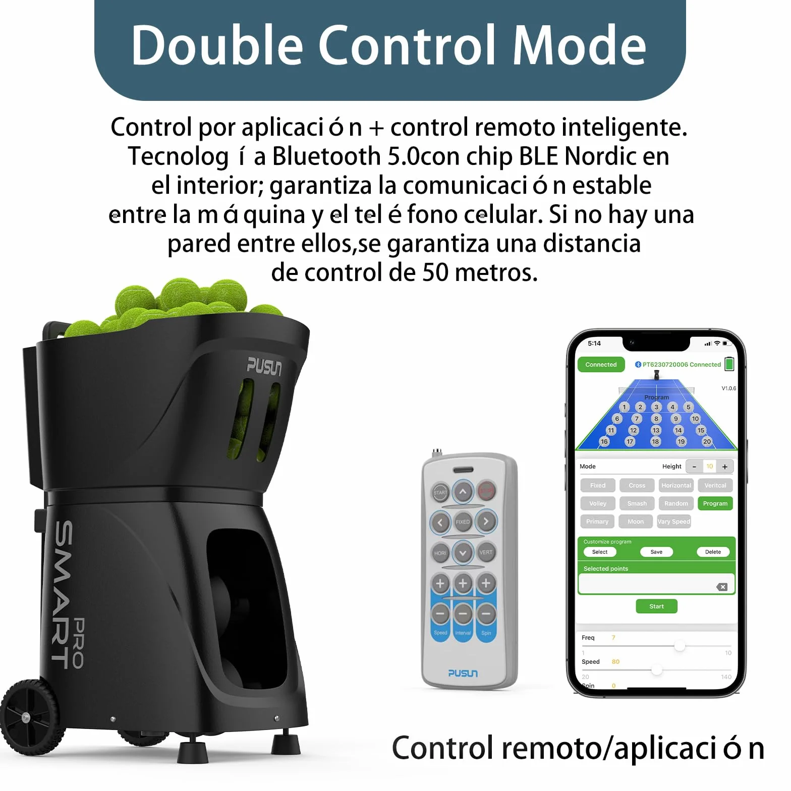 PUSUN PT-Smart Pro Máquina Lanzapelotas de Tenis Profesional Control App Remoto 12 Modos Entrenamiento 4-6 Horas Batería