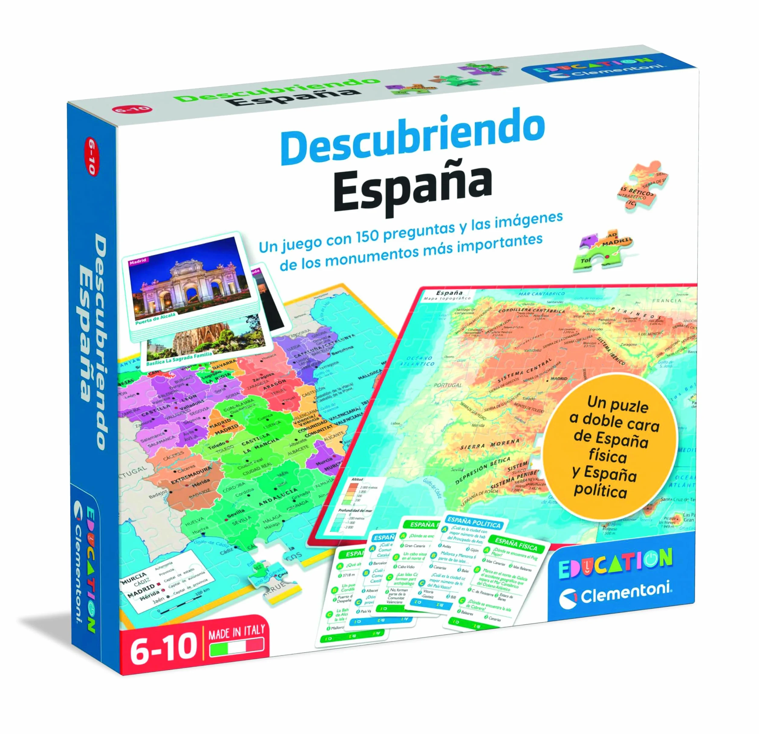 Clementoni - Descubriendo España, Juego Educativo Infanti - A Partir de 6 años - Puzzle Doble Cara del Mapa Físico y Político - Aprende Geografía y Cultura Española, 55119