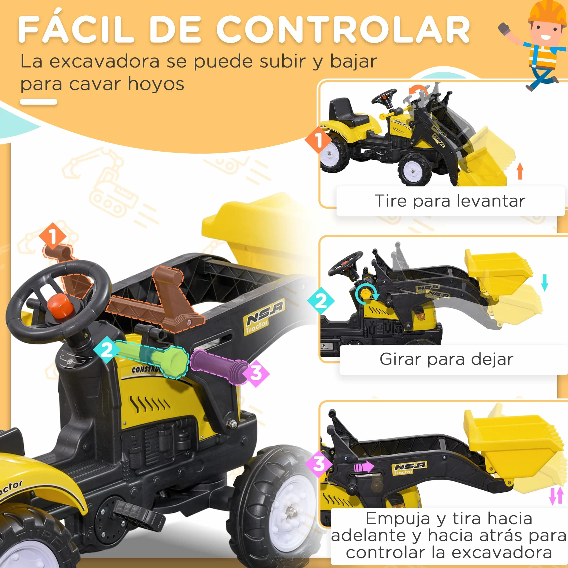 HOMCOM Tractor a Pedales para Niños de 3 Años Excavadora Camión con Pala Delantera Juguete de Montar Coche de Pedales Carga 35 kg 114x41x52 cm Amarillo