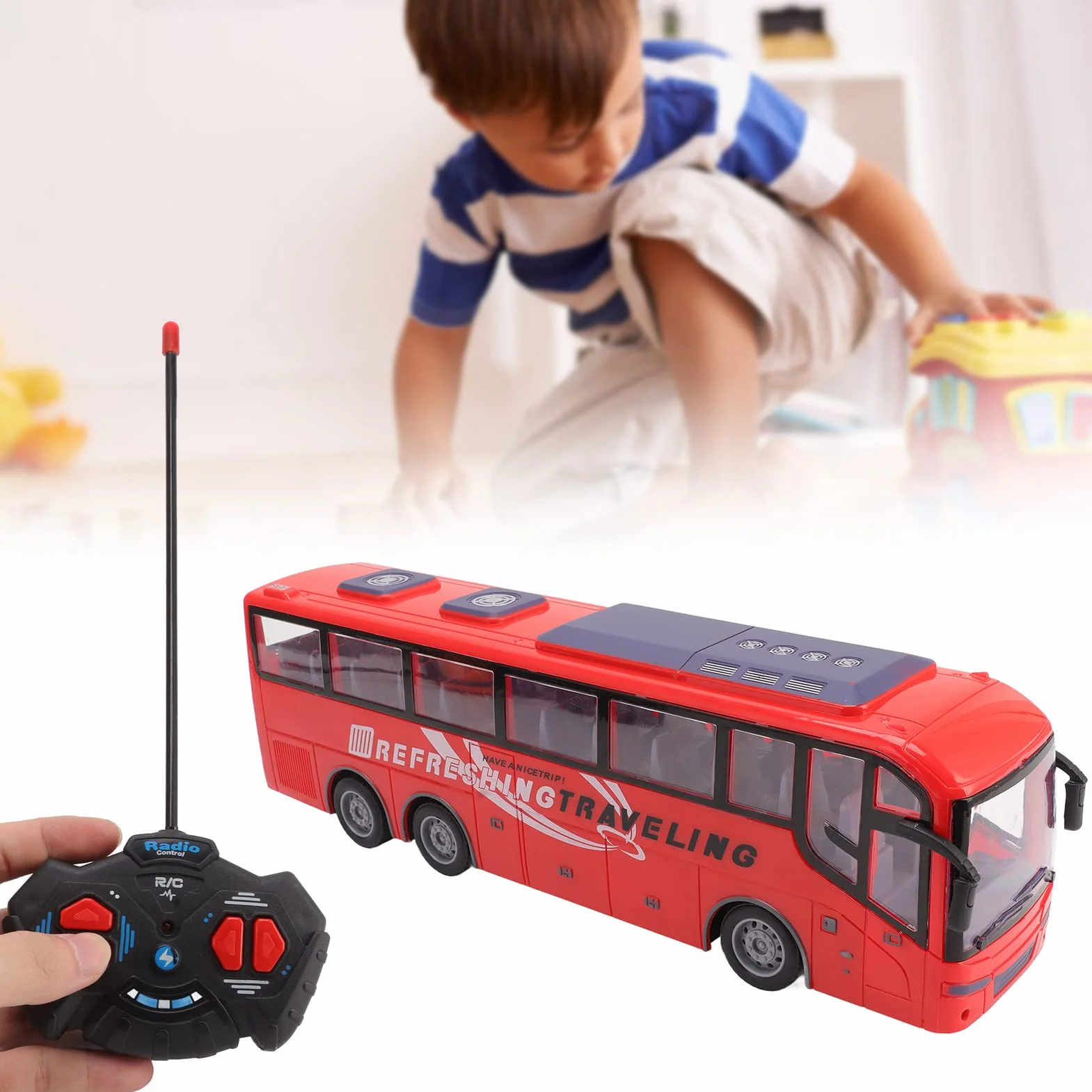 Modelo de Bus de Control Remoto a Escala 1: 20 con Luces Brillantes y Controlador Remoto, vehículo electrónico Recargable de Juguetes de autobuses RC inalámbricos para niños y (Viaje Rojo)