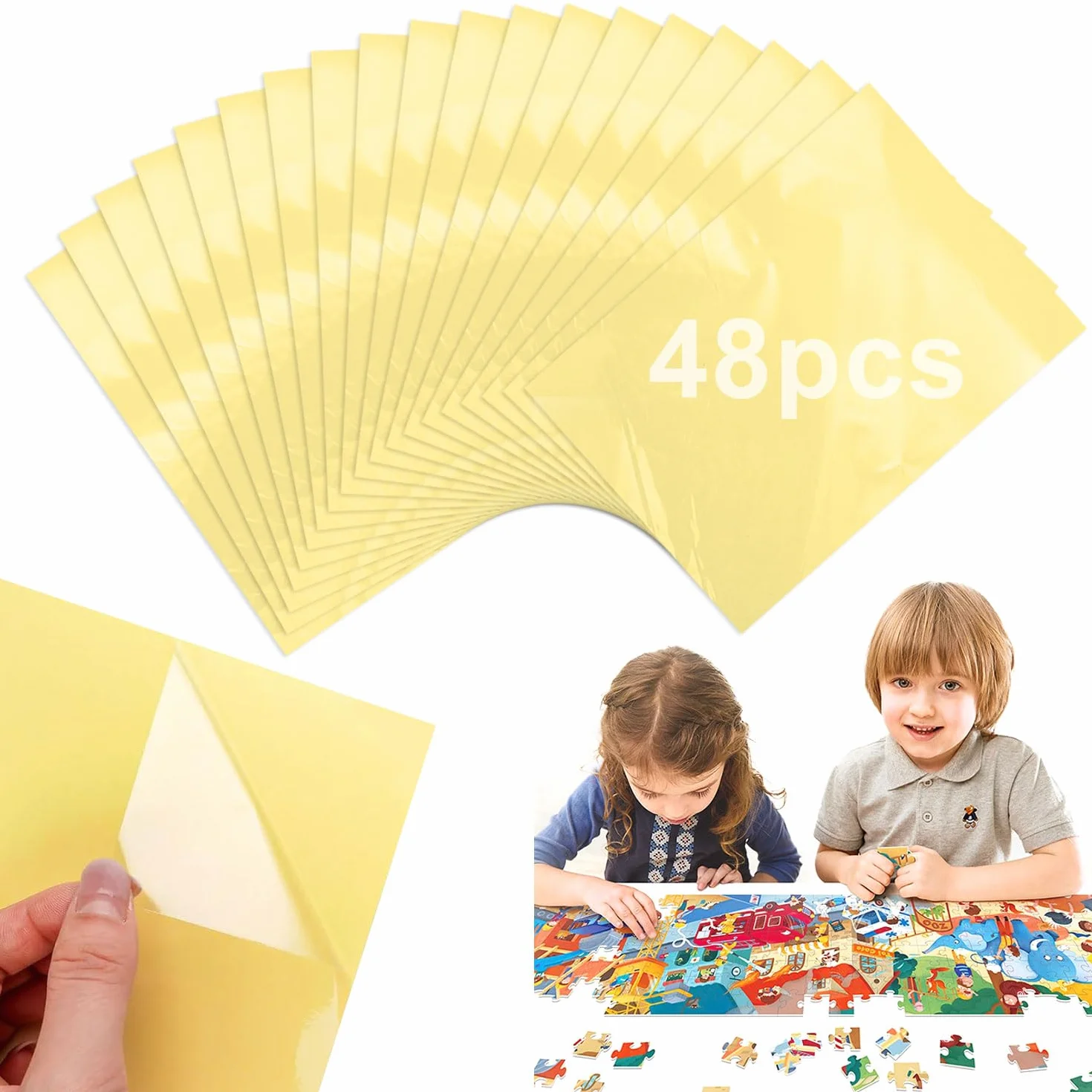 48 Hojas Puzzle Transparente Papel Adhesivo Doble Cara Lámina Autoadhesiva Rompecabezas Asegurar y Proteger Puzzles Fotos y Postales(25 × 18 cm)