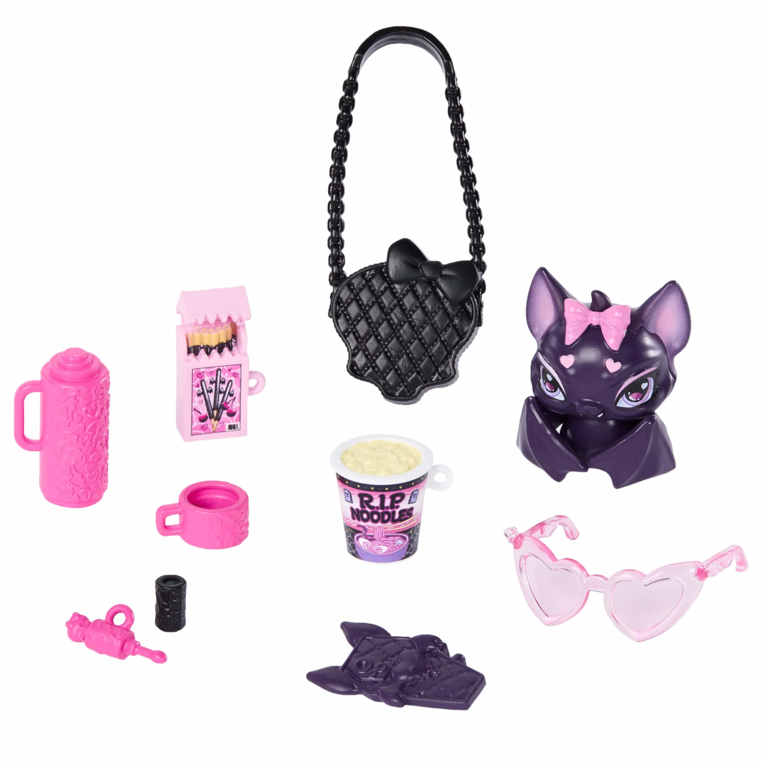 Monster High Draculaura Muñeca con Vestido Rosa con Lazo y cárdigan Negro, murciélago Mascota Count Fabulous y 7 Accesorios, como Ramen, pintalabios y Bolso, JHK29
