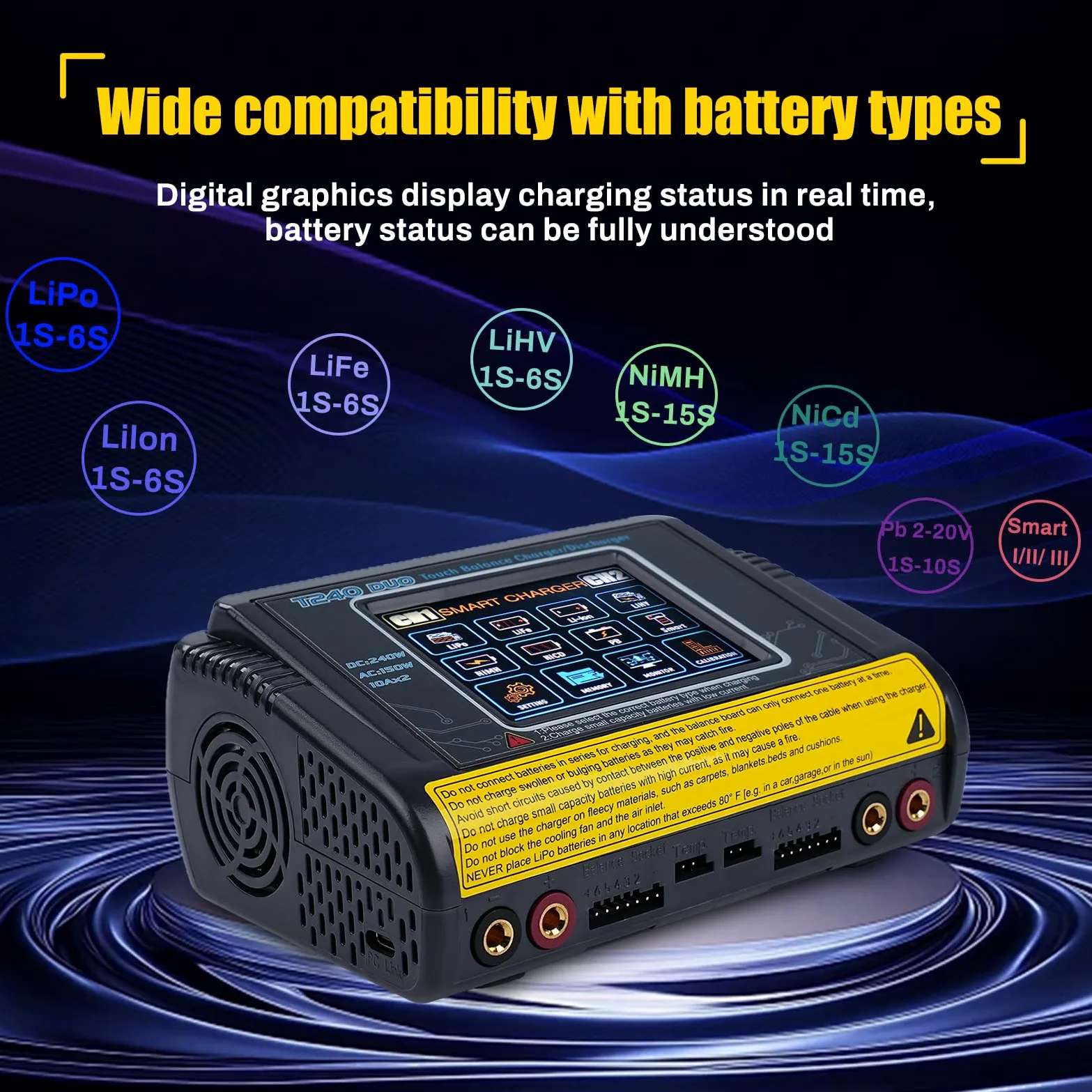 Cargador baterias Coche con equilibrador batería Cargador Dual CC/CA 11-18V 240W CA 100-240V 150W Detección Auto LiPo/Lilon/Life/NiMH/Ni/PB/NiMH Pantalla táctil LCD de 3,2 Pulgadas 10A (T240)