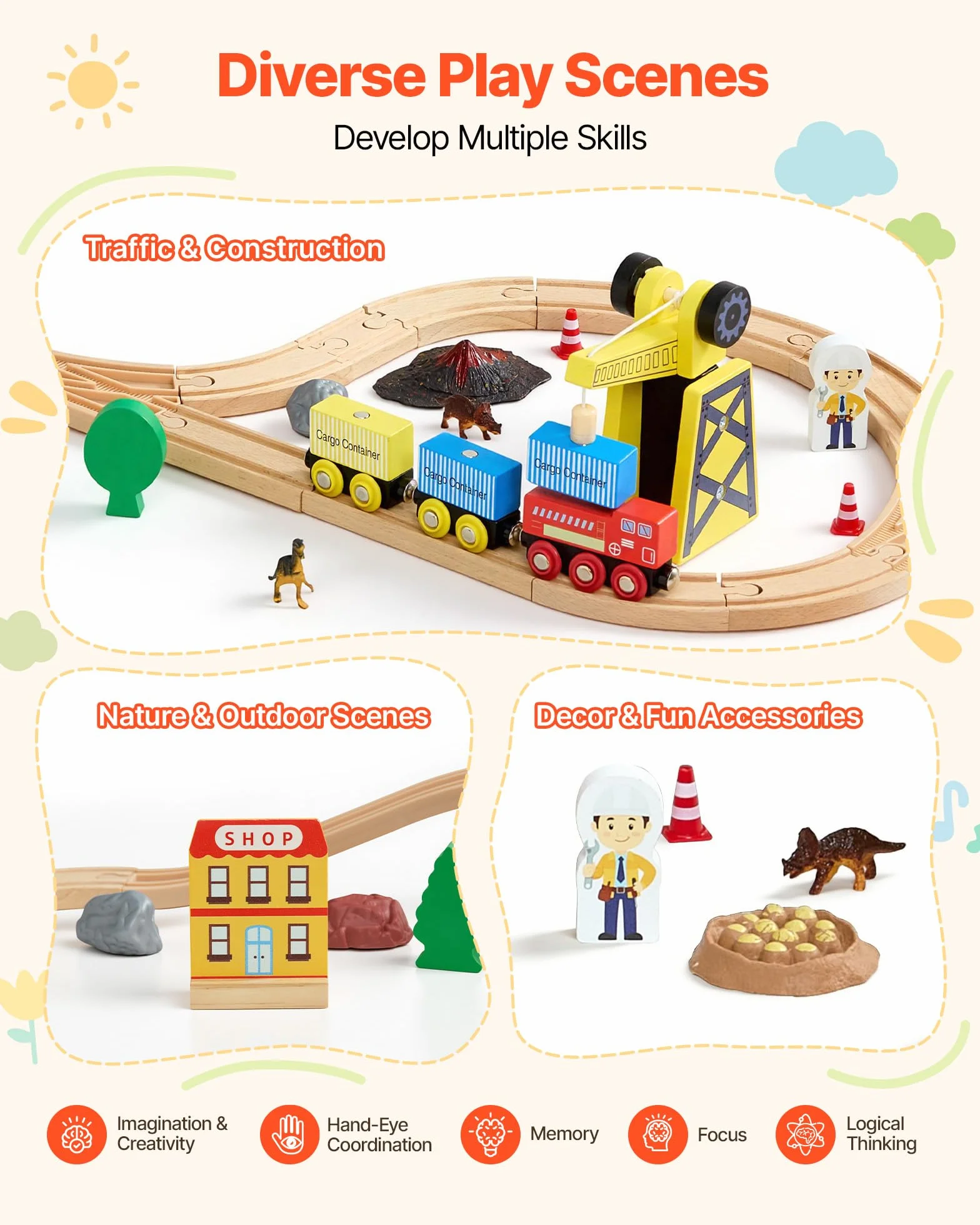 VEVOR Juego de Tren de Madera con Pistas, 70 Piezas con Accesorios, Grúa Magnética Camión Dinosaurio, Diseños Múltiples, Set Educativo, Juguete Compatible con Marcas Principales para Niños 3 a 8 Años