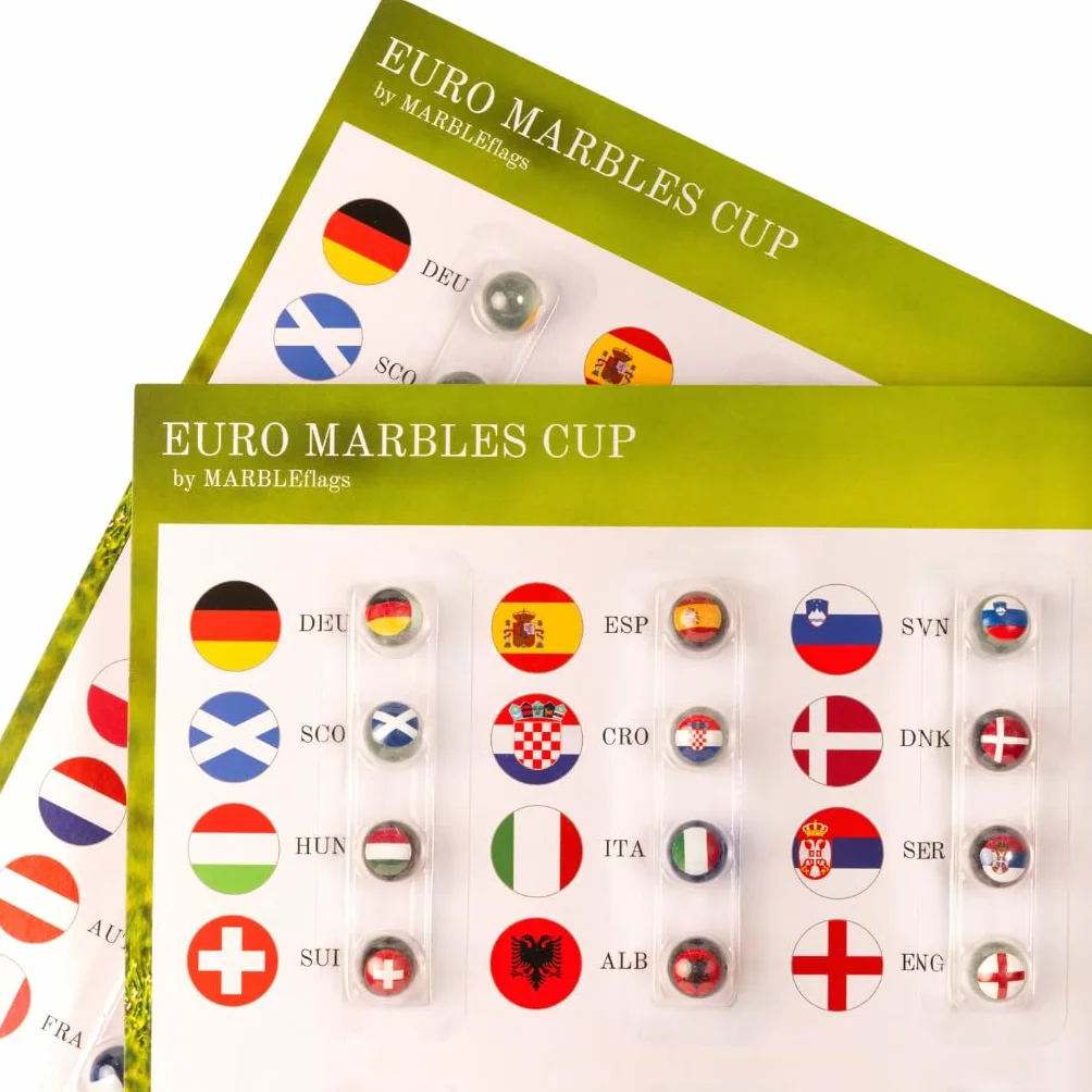 Colección Eurocopa 25 Canicas de Cristal con Banderas de Países del Mundial de Fútbol - 16 mm Ideal para Circuitos y Carreras