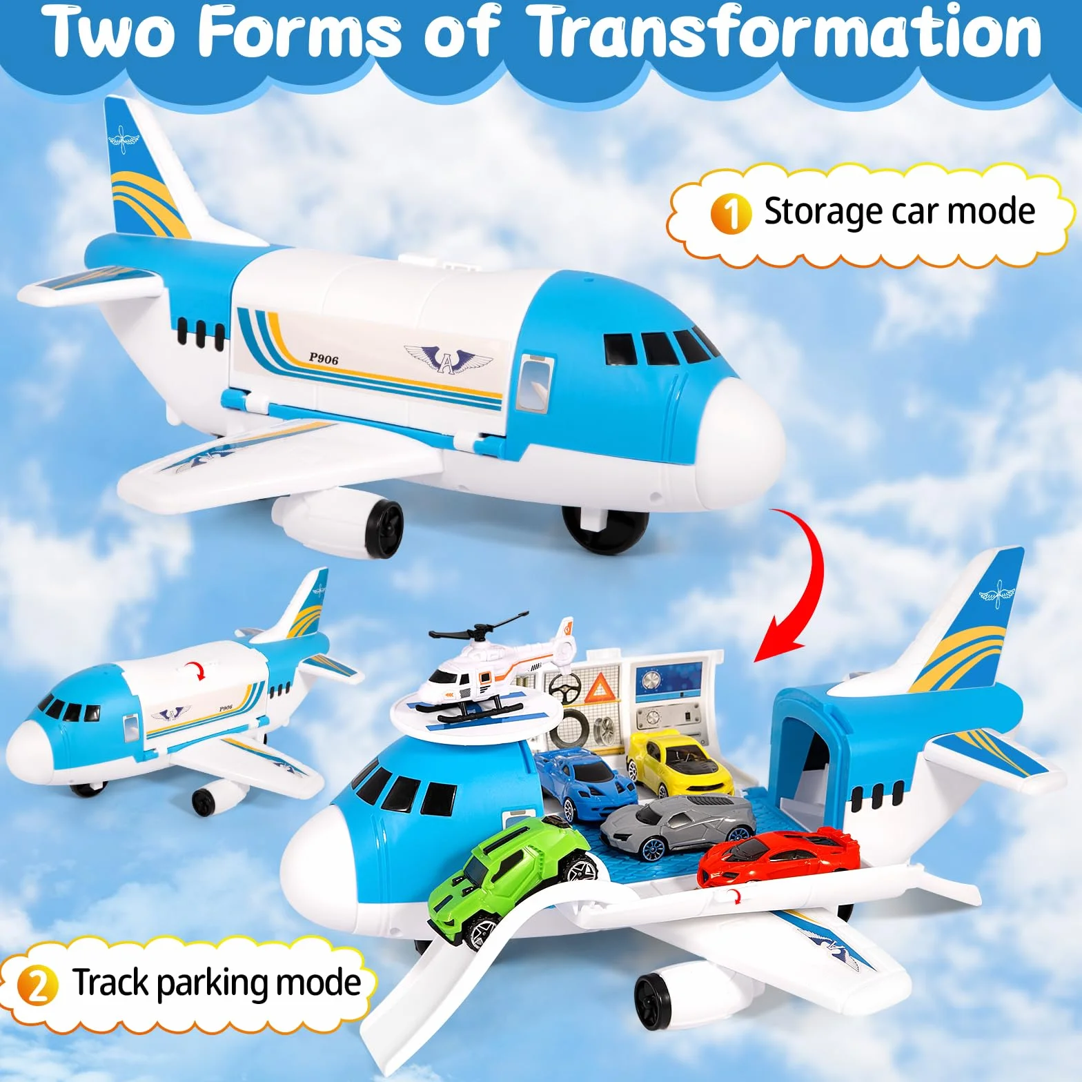 Aviones de Juguete,Juego Avión de Transporte,Juego de Juguetes de Avión con 7 Coches de Juguetes y 1 Helicóptero, Juegos y Juguetes Niños Educativos, Regalo para Niños y Niñas Mayores 3 Años