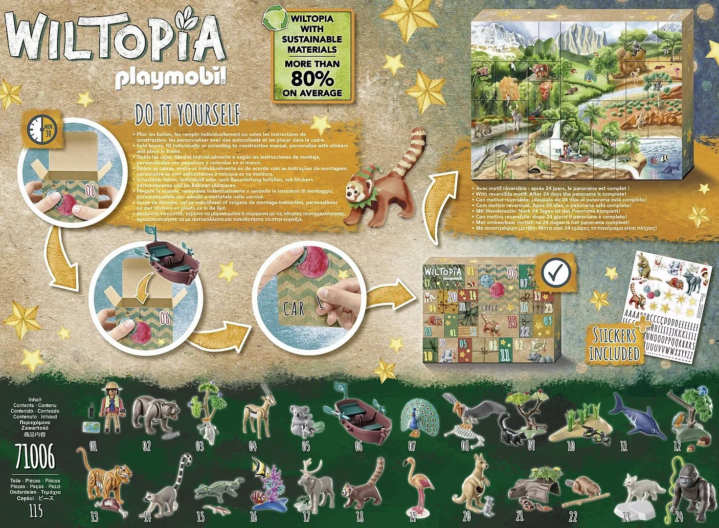 PLAYMOBIL Wiltopia 71006 DIY Calendario de Adviento para niños, Viaje de animales alrededor del mundo, Incluye 23 figuras de animales de todo el mundo, Juguete sostenible para niños a partir de 4 años
