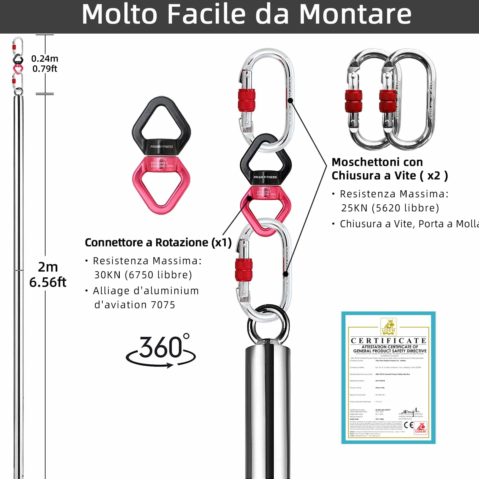 PRIOR FITNESS Palo Pole Dance 45 mm desmontable para gimnasio doméstico 150 kg