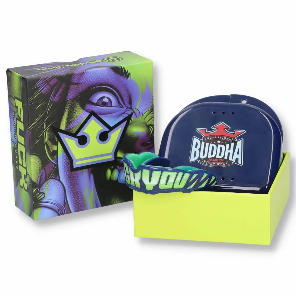 BUDDHA FIGHT WEAR Protector bucal Premium adultos y niños +12 Años para deportes de contacto rugby MMA kickboxing judo hockey boxeo Azul-Amarillo