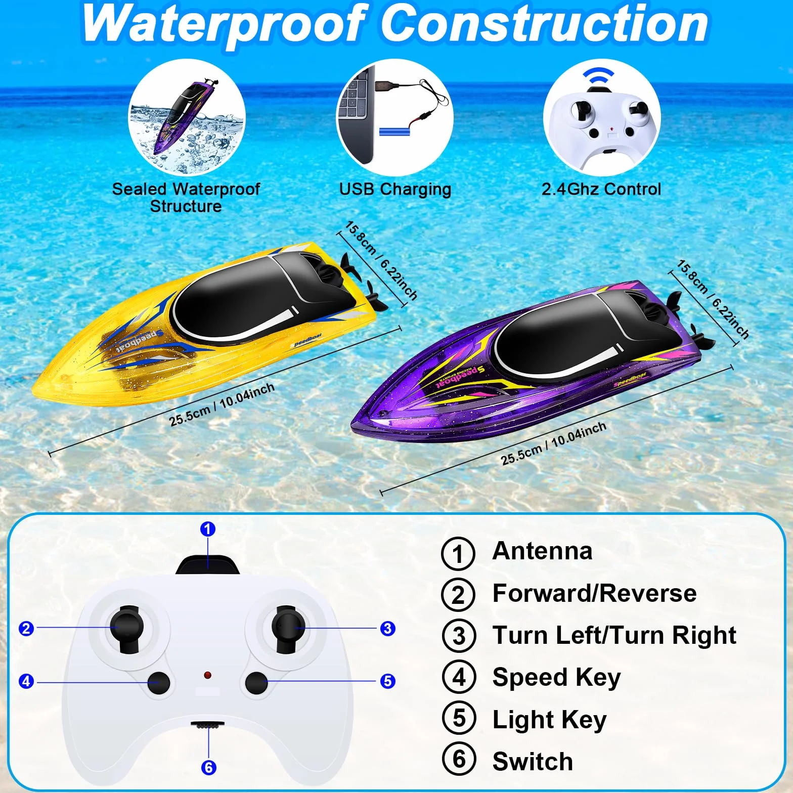 Herenear Barco teledirigido 2 unidades, barcos teledirigidos para niños a partir de 6, 8, 10 años, barco RC con luz LED para adultos, juguete de piscina ajustable lancha rápida para mares, piscinas y