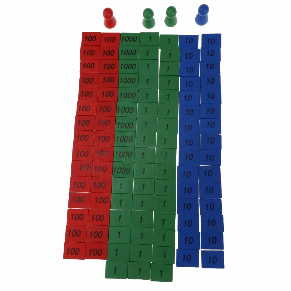 Juego de sellos Montessori de madera, juego de sellos Montessori de 4 piezas y 108 piezas de azulejos de madera etiquetados con 1, 10, 100 y 1000