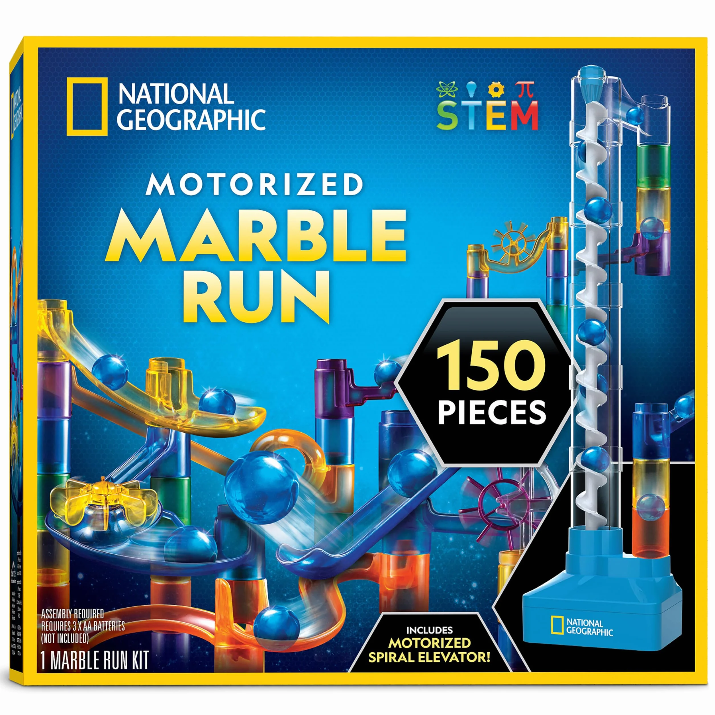 Blue Marble National Geographic Kit de Canicas con Elevador Motorizado - Set de 150 Piezas con Espiral, 30 Canicas, Bolsa de Almacenamiento, Máquina de Movimiento Perpetuo, Juego para Niños