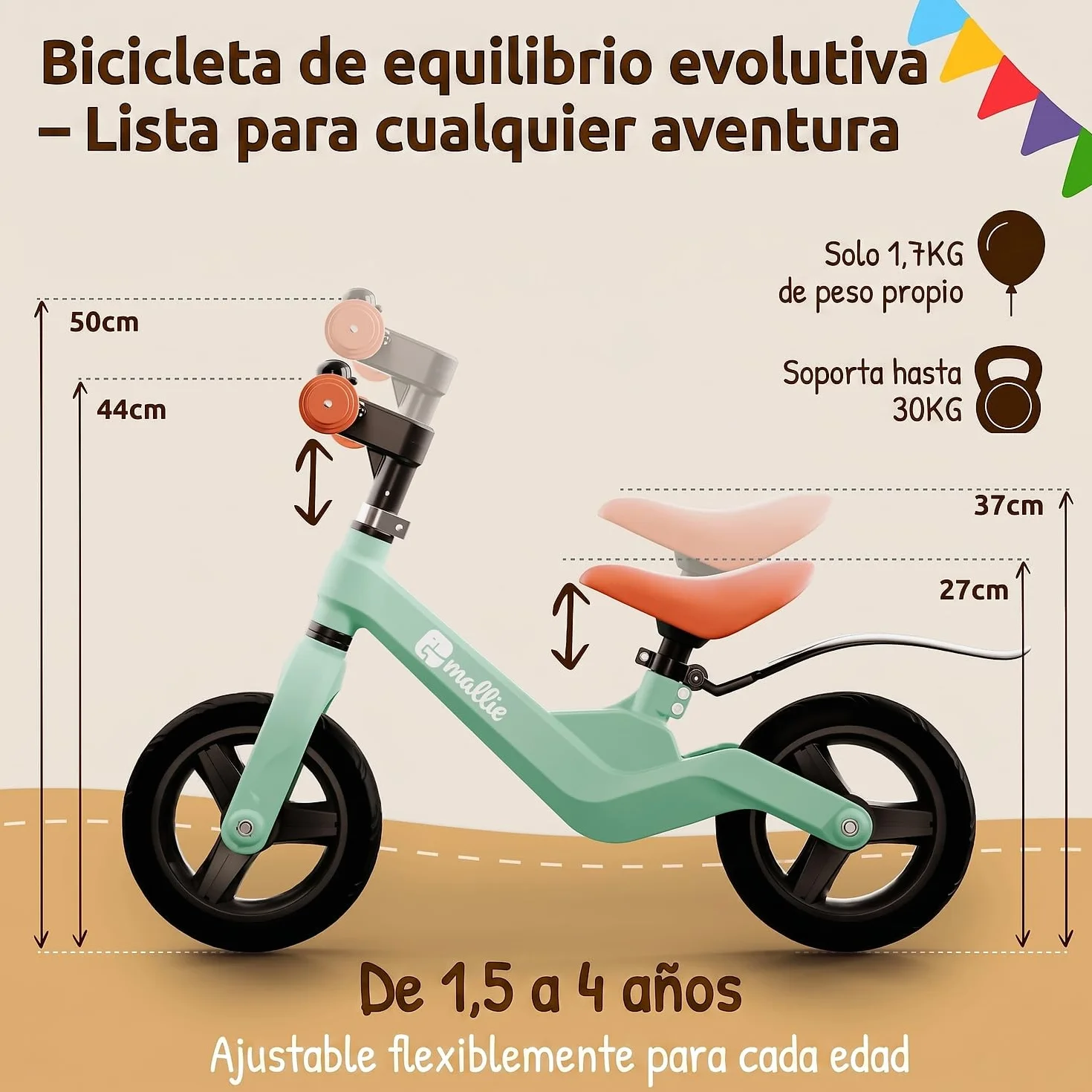 Mallie® Bicicleta Niño 2 Años con Timbre - Bici Bebe, Bicicleta Niño 4 Años, 3 Años, Bicicleta Bebe, Bici Sin Pedales - Manillar y Asiento Ajustable