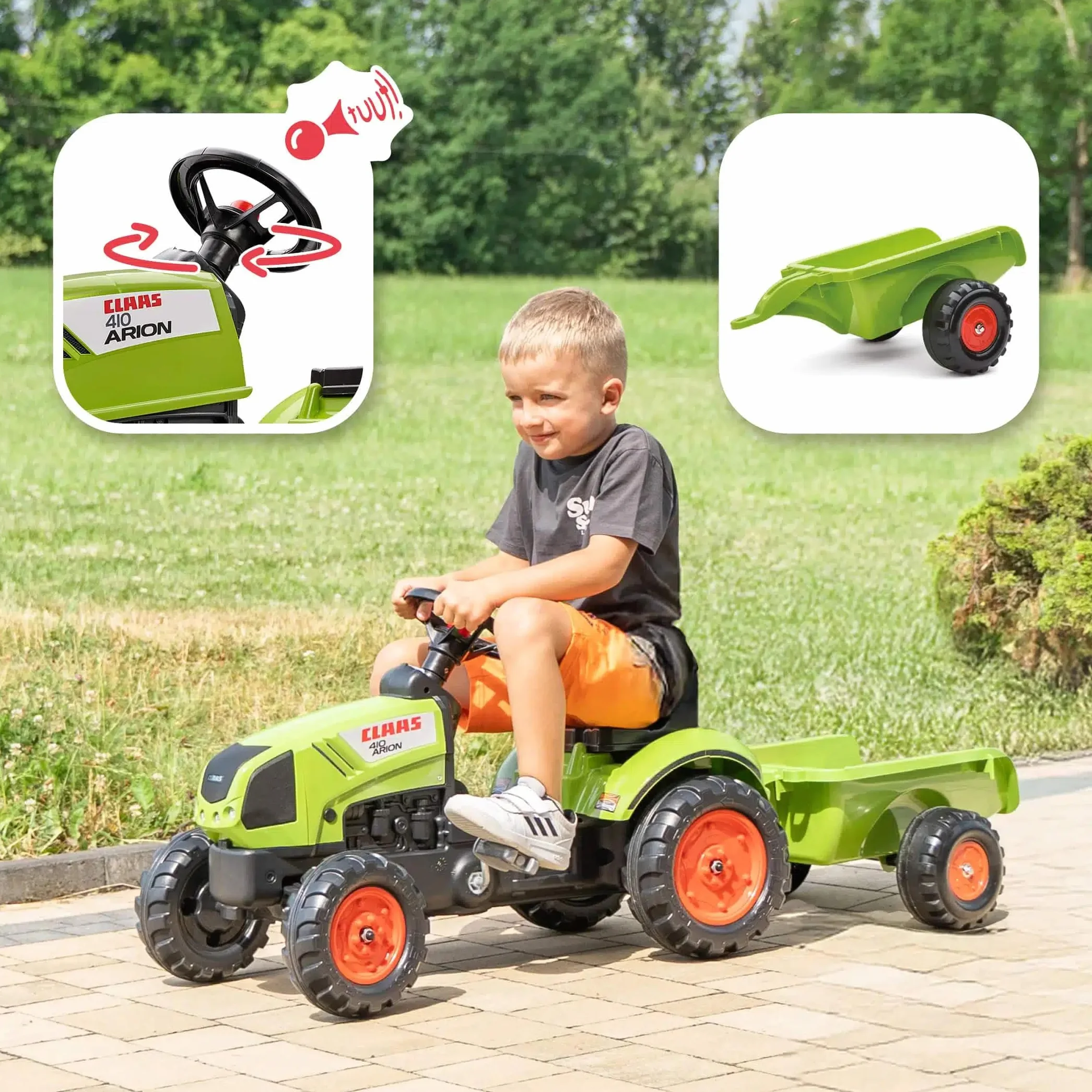 Falk - Tractor de Pedales Claas con Remolque - A Partir de 2 años - Fabricado en Francia - Volante direccional con bocina - 2040A