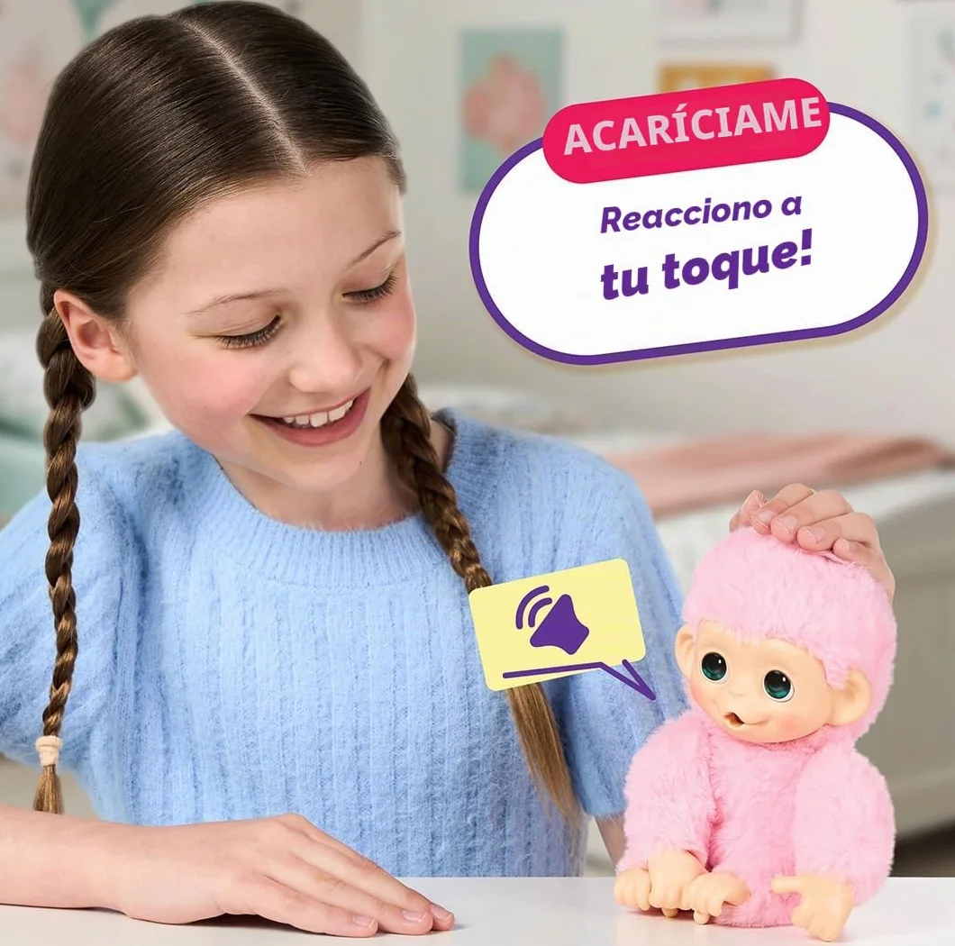 Little Live Pets Baby Monkey Minis Luna Lemon, Juguete Interactivo, 20 Sonidos, Suave Pelaje Rosa, 18,8 cm