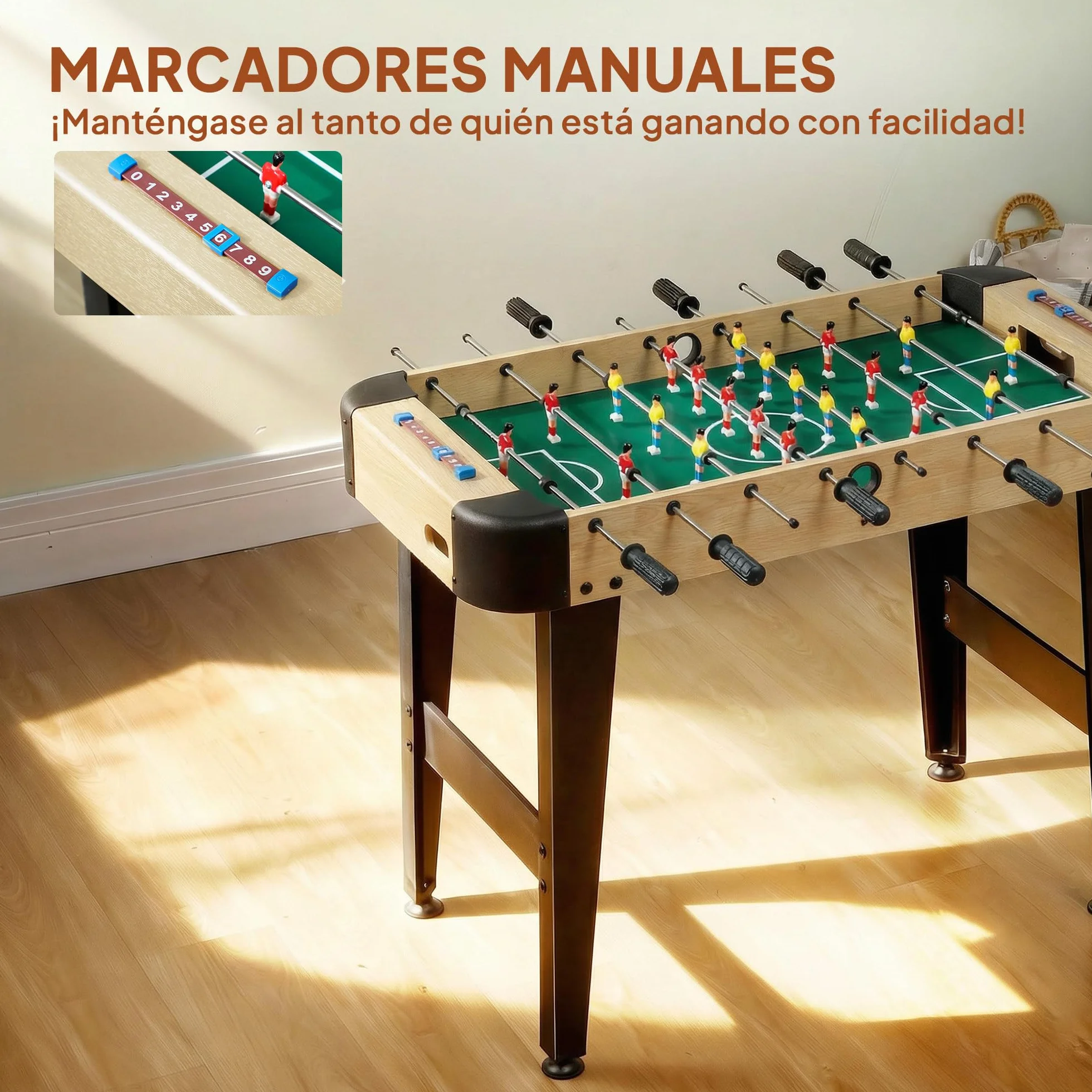 SPORTNOW Futbolín para Niños de Madera, Mesa de Futbolín con 2 Marcadores, 8 Asas, 22 Jugadores, 8 Barras y 2 Bolas, Regalo para Adultos, Familias, Fiestas, 92x75x71 cm, Natural