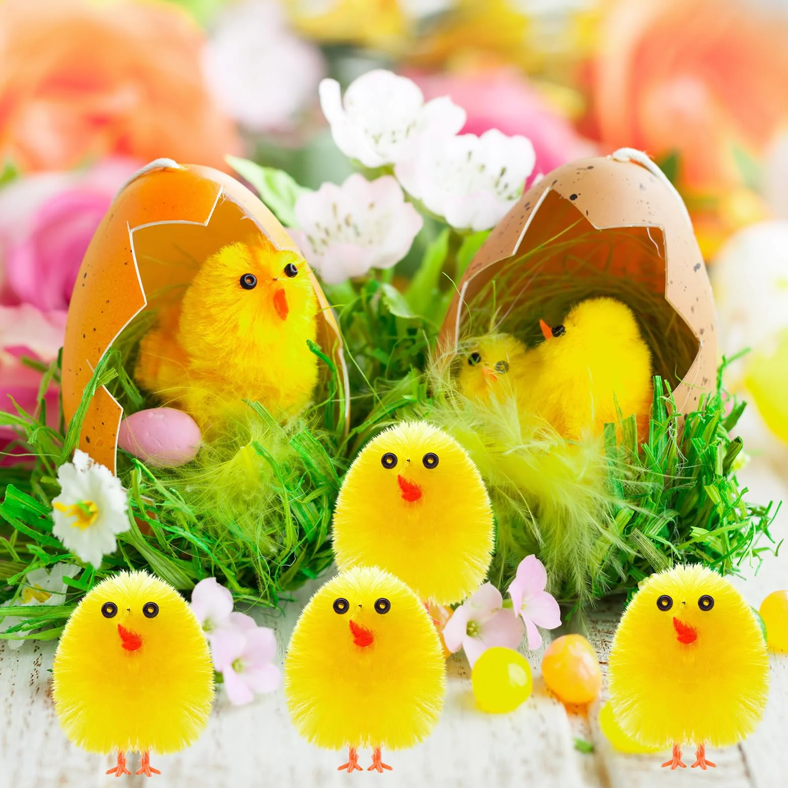PLULON 36 Piezas Pollitos Amarillos de Pascua, Pollitos Esponjosos de Felpa para Decoración de Huevos, Fiestas de Búsqueda de Huevos y Detalles de Pascua