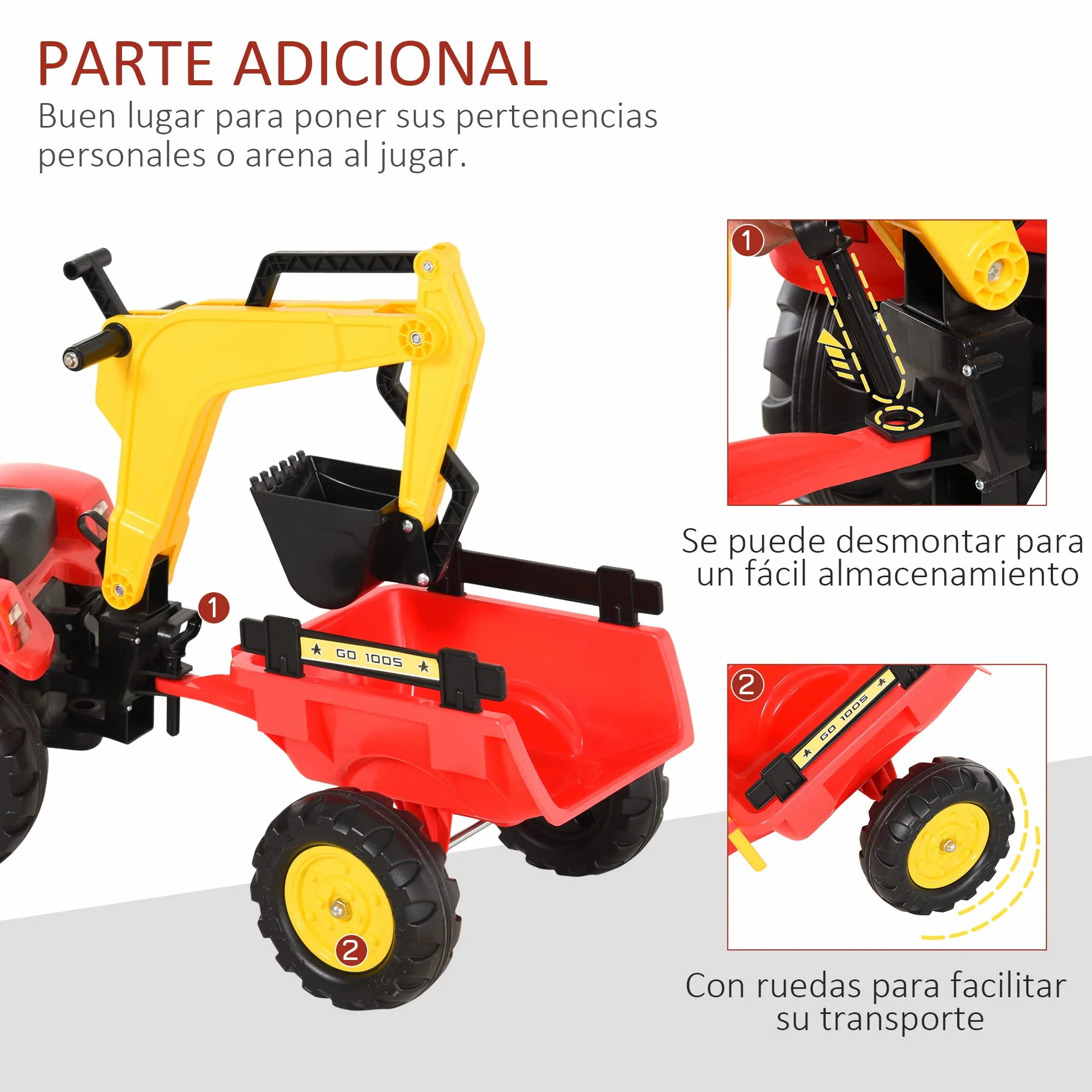 HOMCOM Tractor a Pedales con Remolque Excavador con Pala Frontal Juguete de Conducción para Mayores de 3 Años Dirección y Palas Fáciles de Controlar Soporta hasta 35 kg 179x42x59 cm Rojo