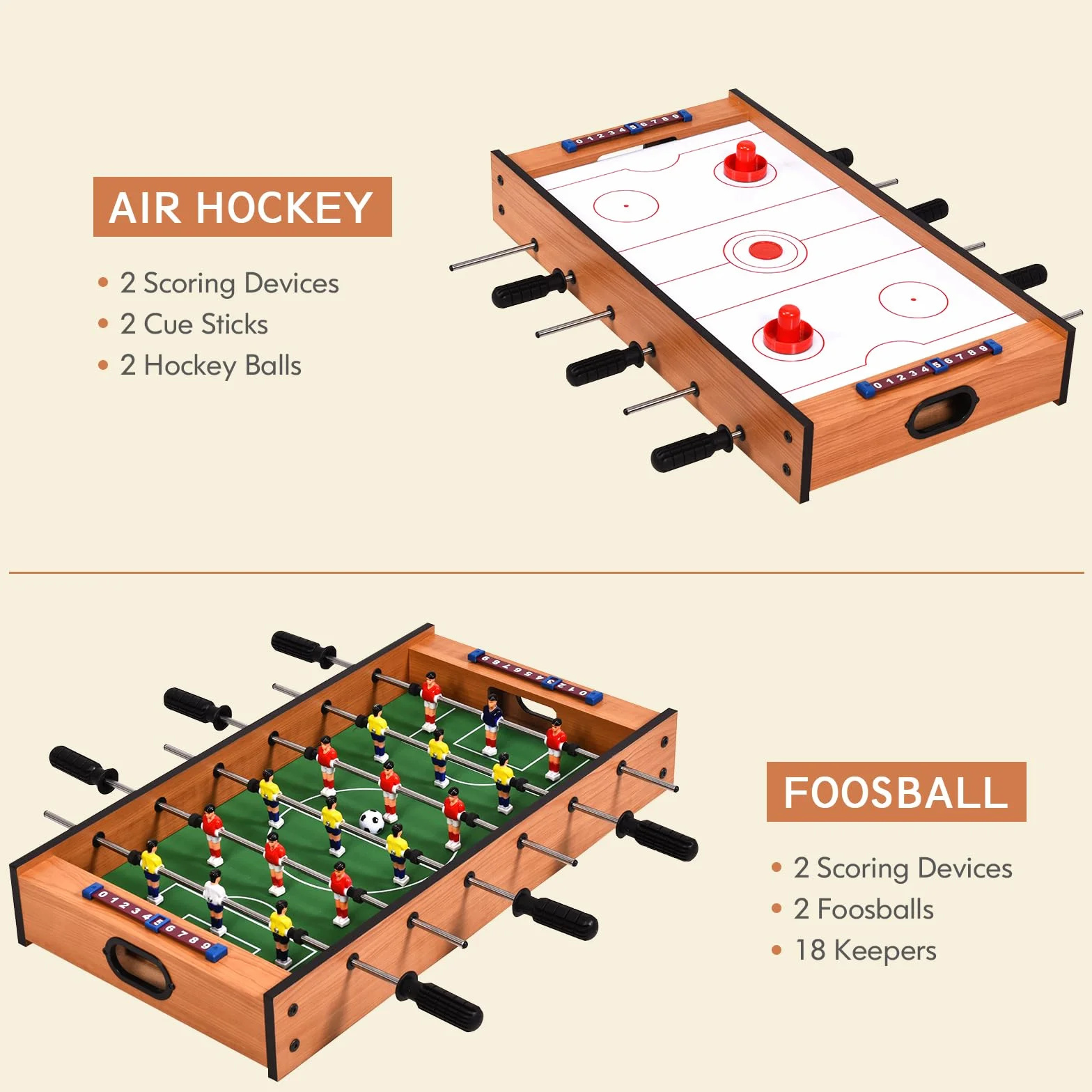 HOMASIS Mesa multijuegos de Madera para niños, Mesa de futbolín y Air Hockey con Asas duraderas, Mesa de Juego de fútbol para el hogar, Bar, Oficina, para niños de 4+ años, 69x36x10cm, Multicolor